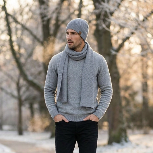 Vyriškas megztas merino vilnos šalikas ir kepurė - šviesiai pilka