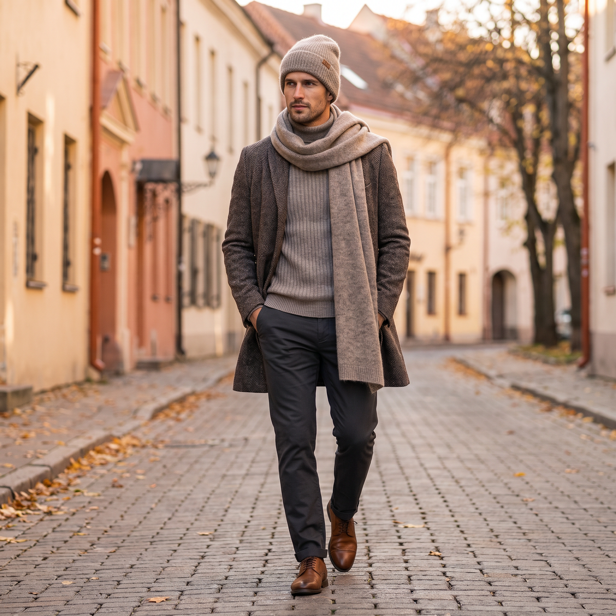 Men's wide baby alpaca scarf and beanie set, cocoa — By AGdesign