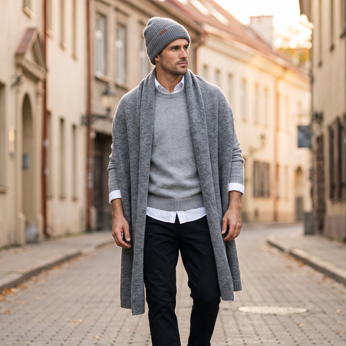 Men's wide baby alpaca scarf and beanie set, gray — By AGdesign