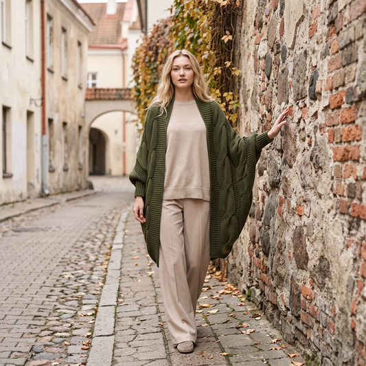 Gilet torsadé en alpaga KNOTTY, grosse maille, oversize, vert mousse — By AGdesign
