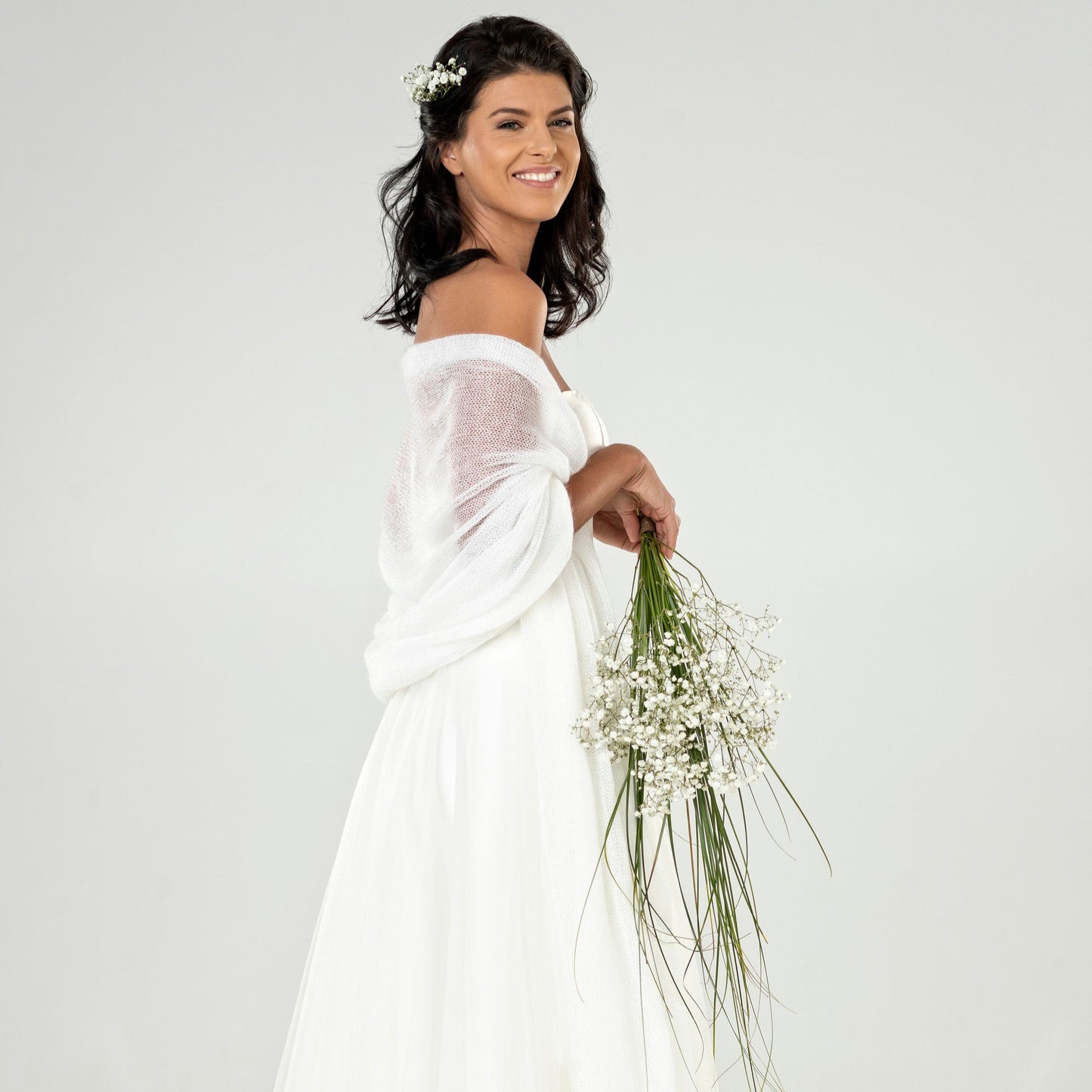 Wedding bridal cape wrap shrug shawl knit from kid mohair - white