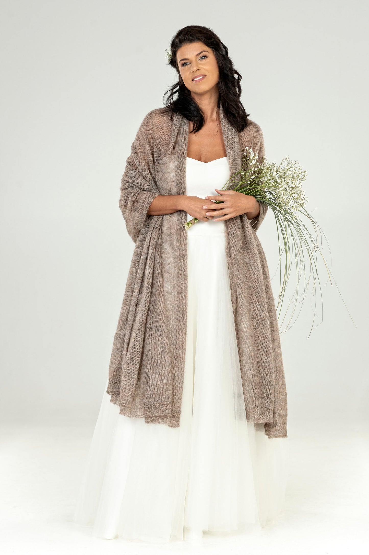 Wedding bridal cape wrap shrug shawl knit from kid mohair - cocoa
