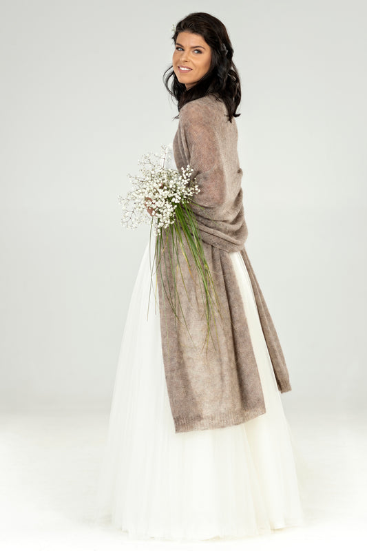 Wedding bridal cape wrap shrug shawl knit from kid mohair - cocoa