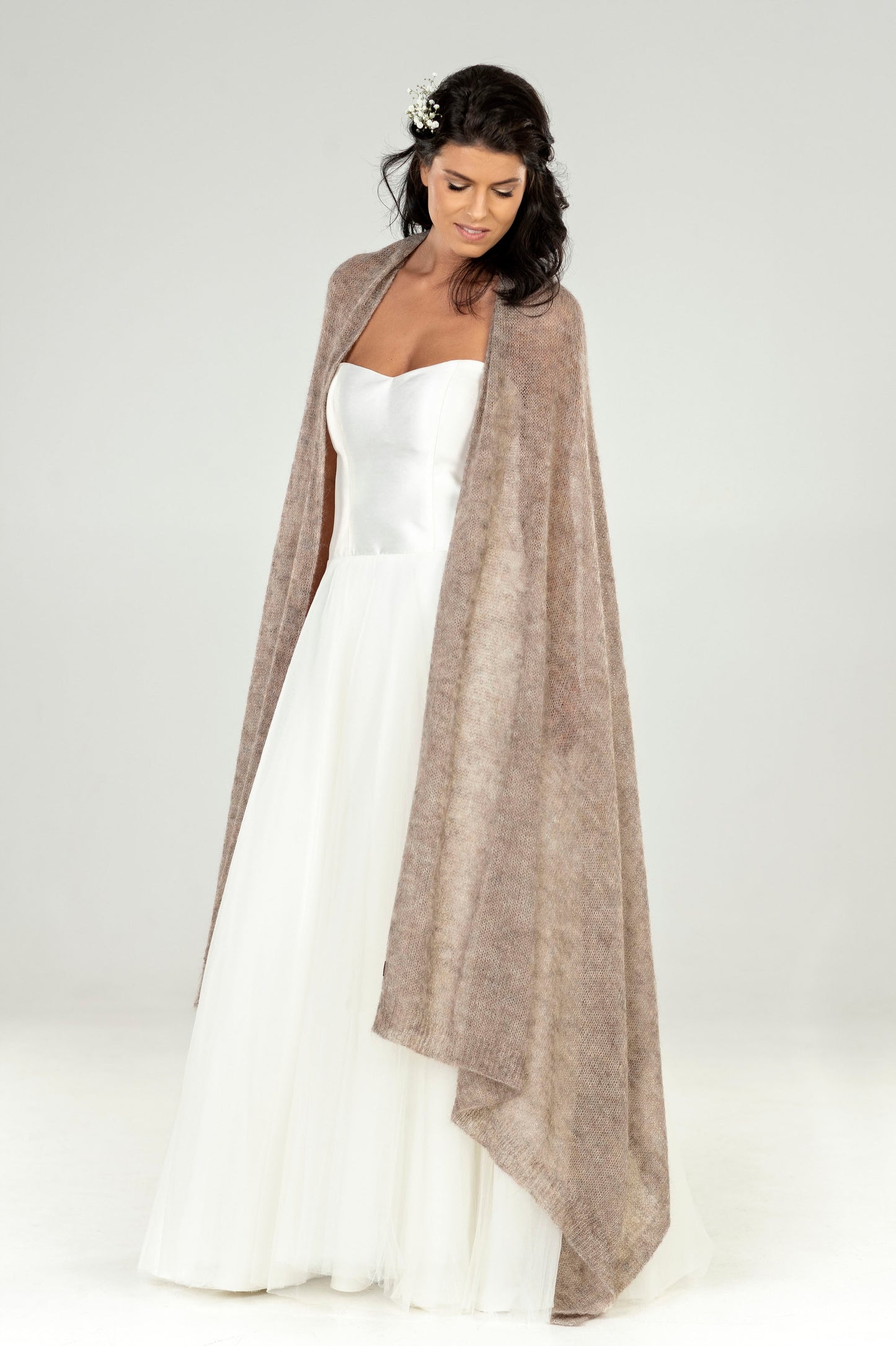 Wedding bridal cape wrap shrug shawl knit from kid mohair - cocoa