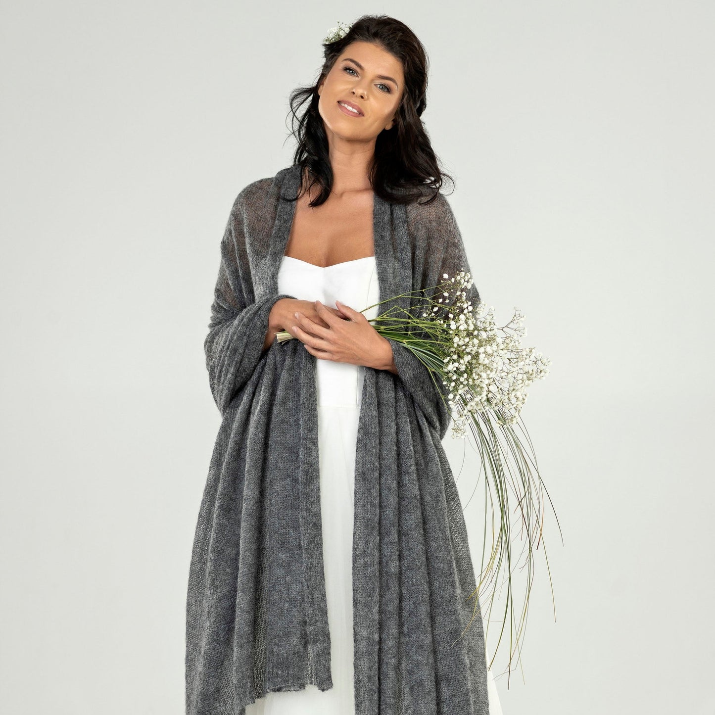Wedding bridal cape wrap shrug shawl knit from kid mohair - gray