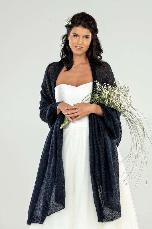 Wedding bridal cape wrap shrug shawl knit from kid mohair - dark blue