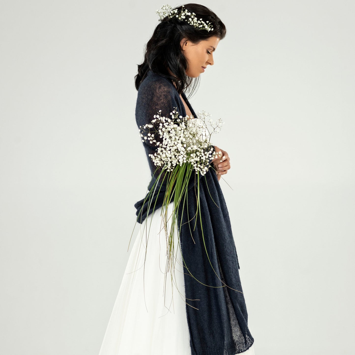 Wedding bridal cape wrap shrug shawl knit from kid mohair - dark blue
