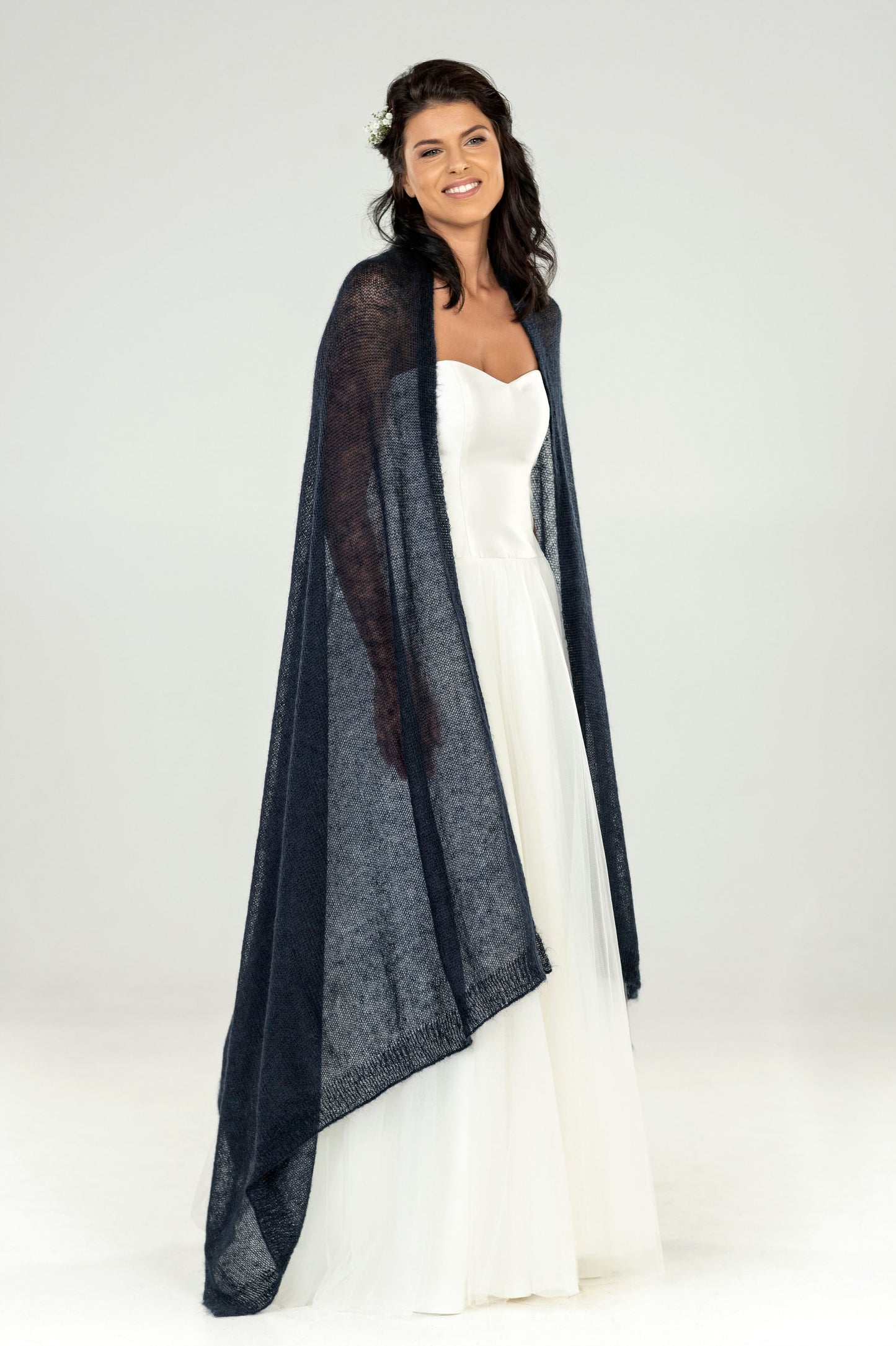 Wedding bridal cape wrap shrug shawl knit from kid mohair - dark blue