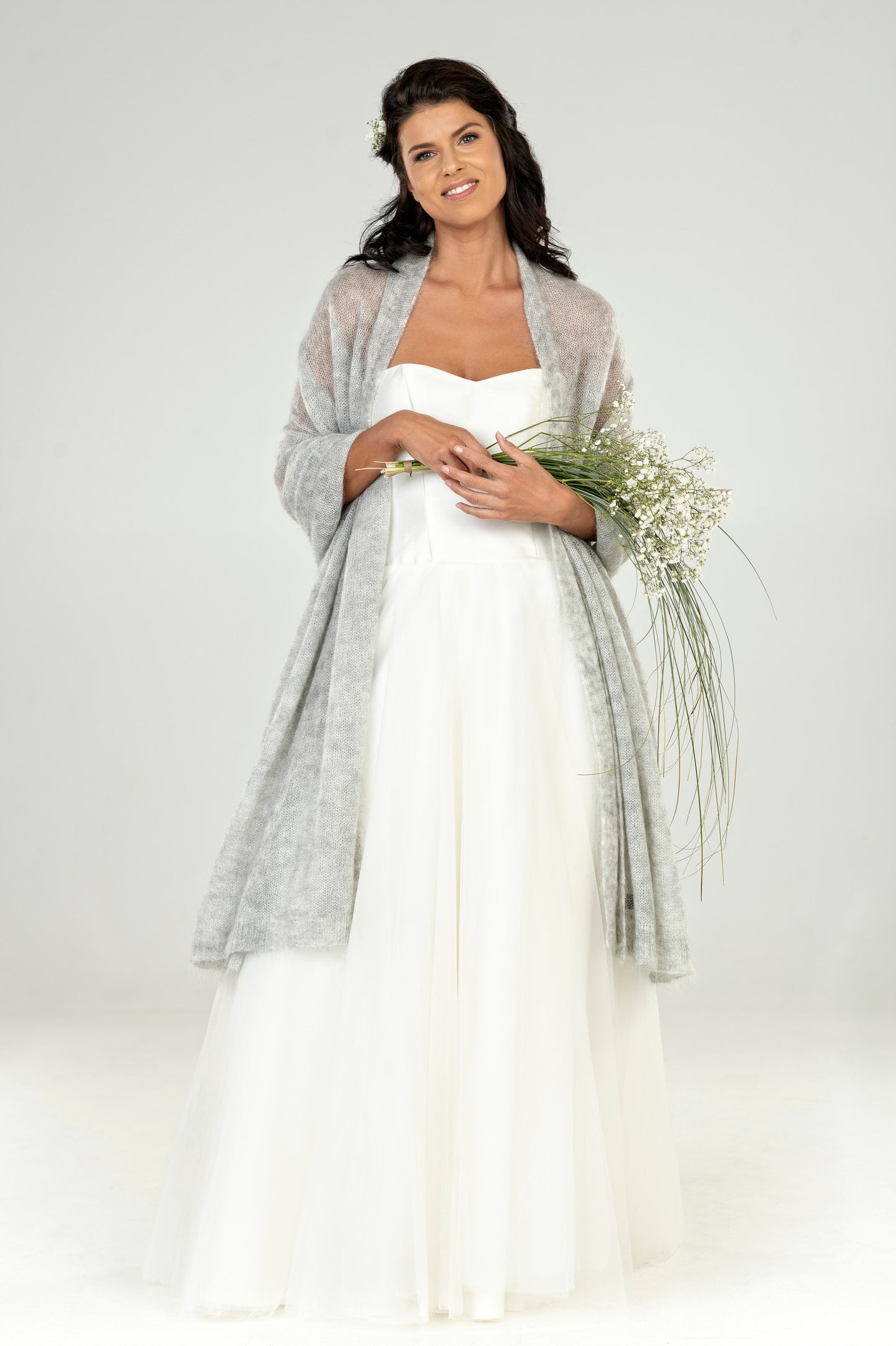 Wedding bridal cape wrap shrug shawl knit from kid mohair - light gray