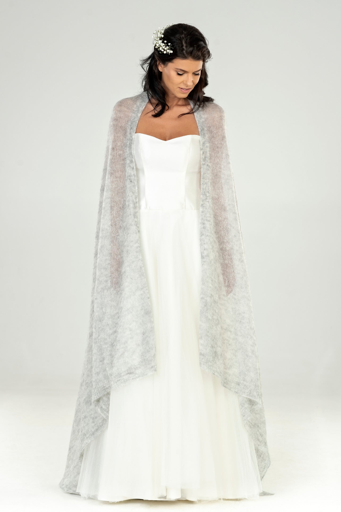 Wedding bridal cape wrap shrug shawl knit from kid mohair - light gray