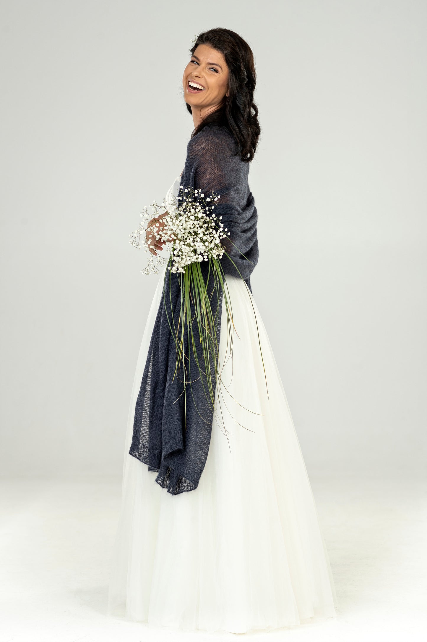 Wedding bridal cape wrap shrug shawl knit from kid mohair - blue with gray shade