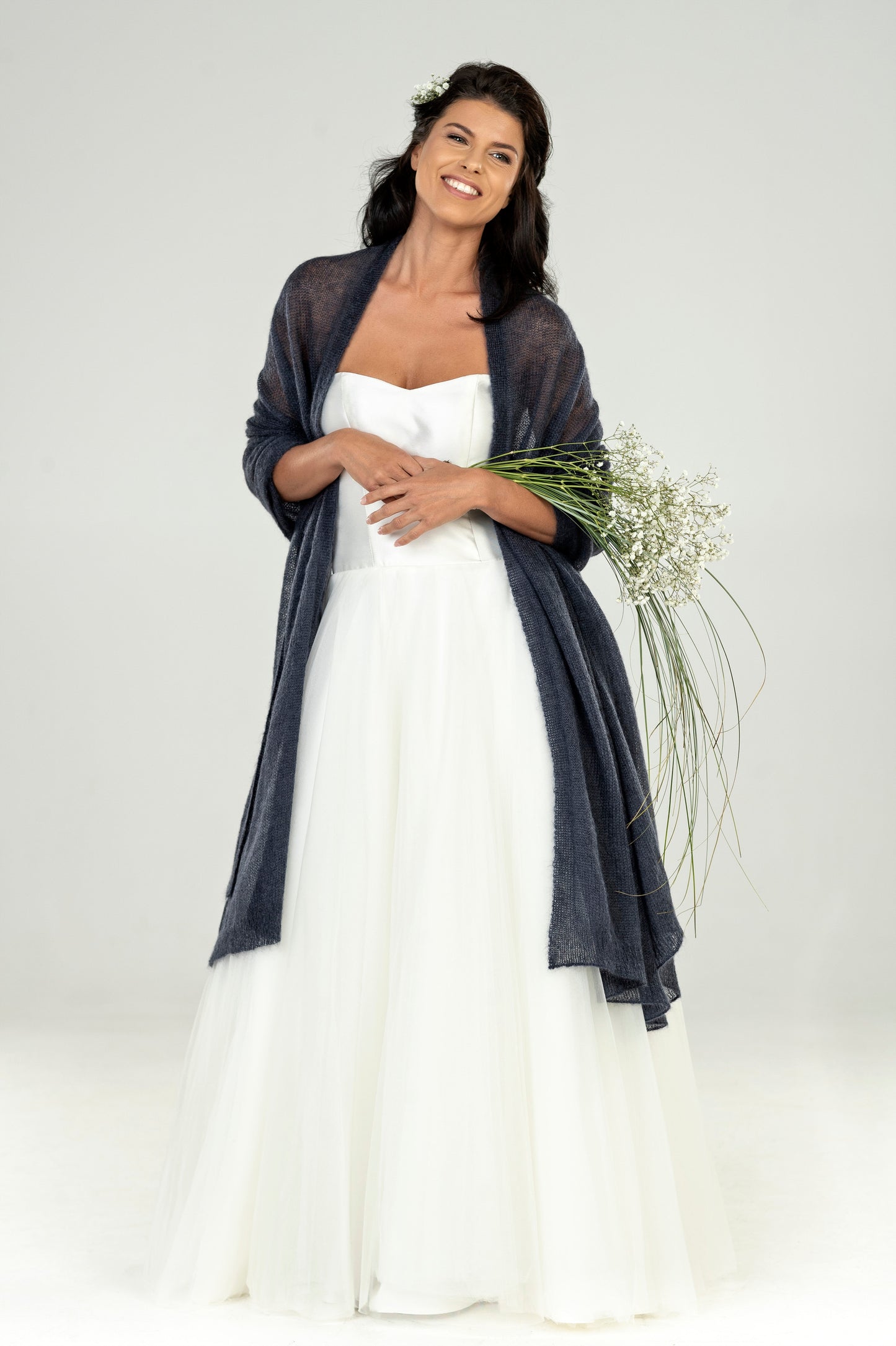 Wedding bridal cape wrap shrug shawl knit from kid mohair - blue with gray shade