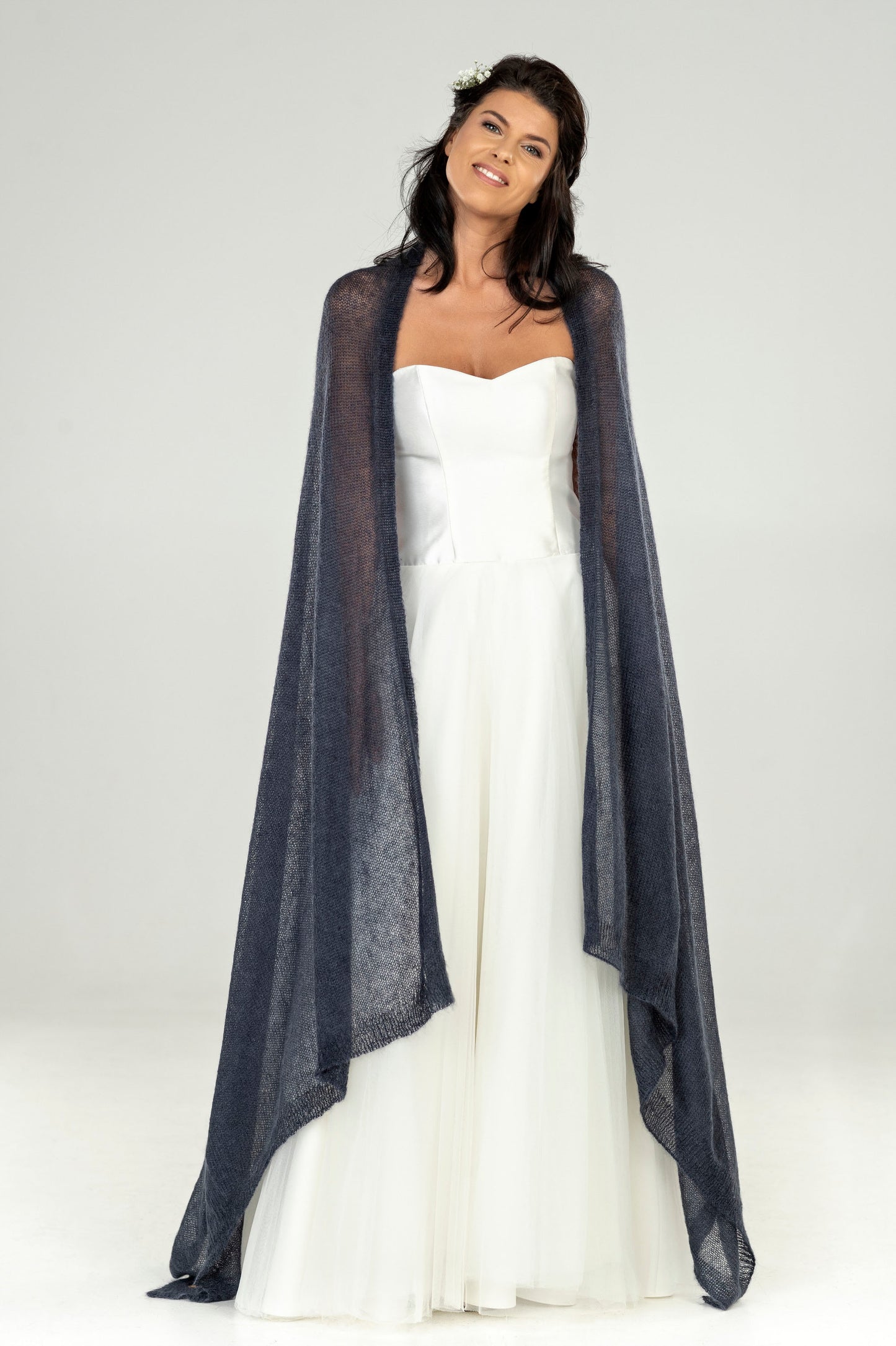Wedding bridal cape wrap shrug shawl knit from kid mohair - blue with gray shade