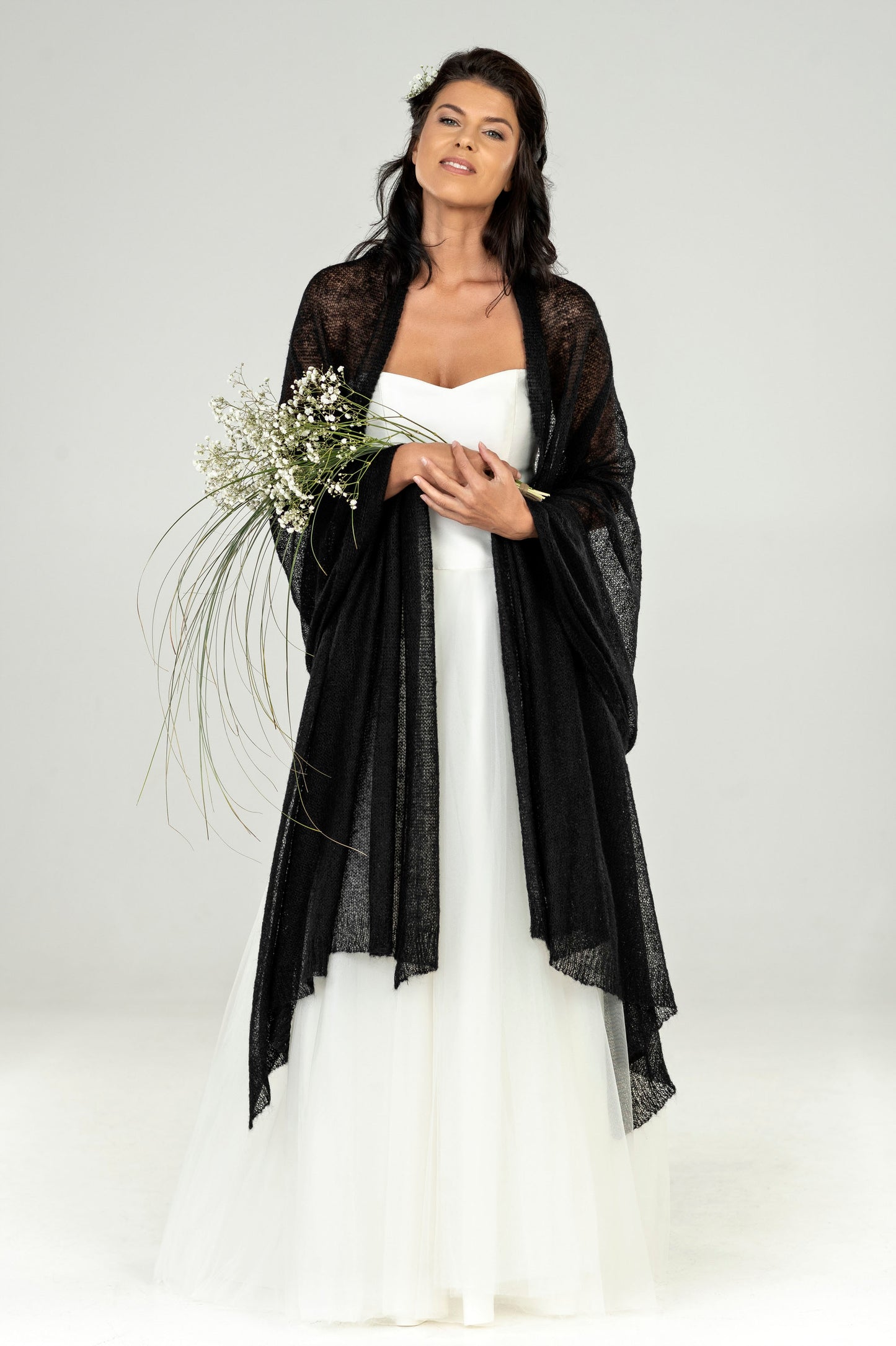 Wedding bridal cape wrap shrug shawl knit from kid mohair - black
