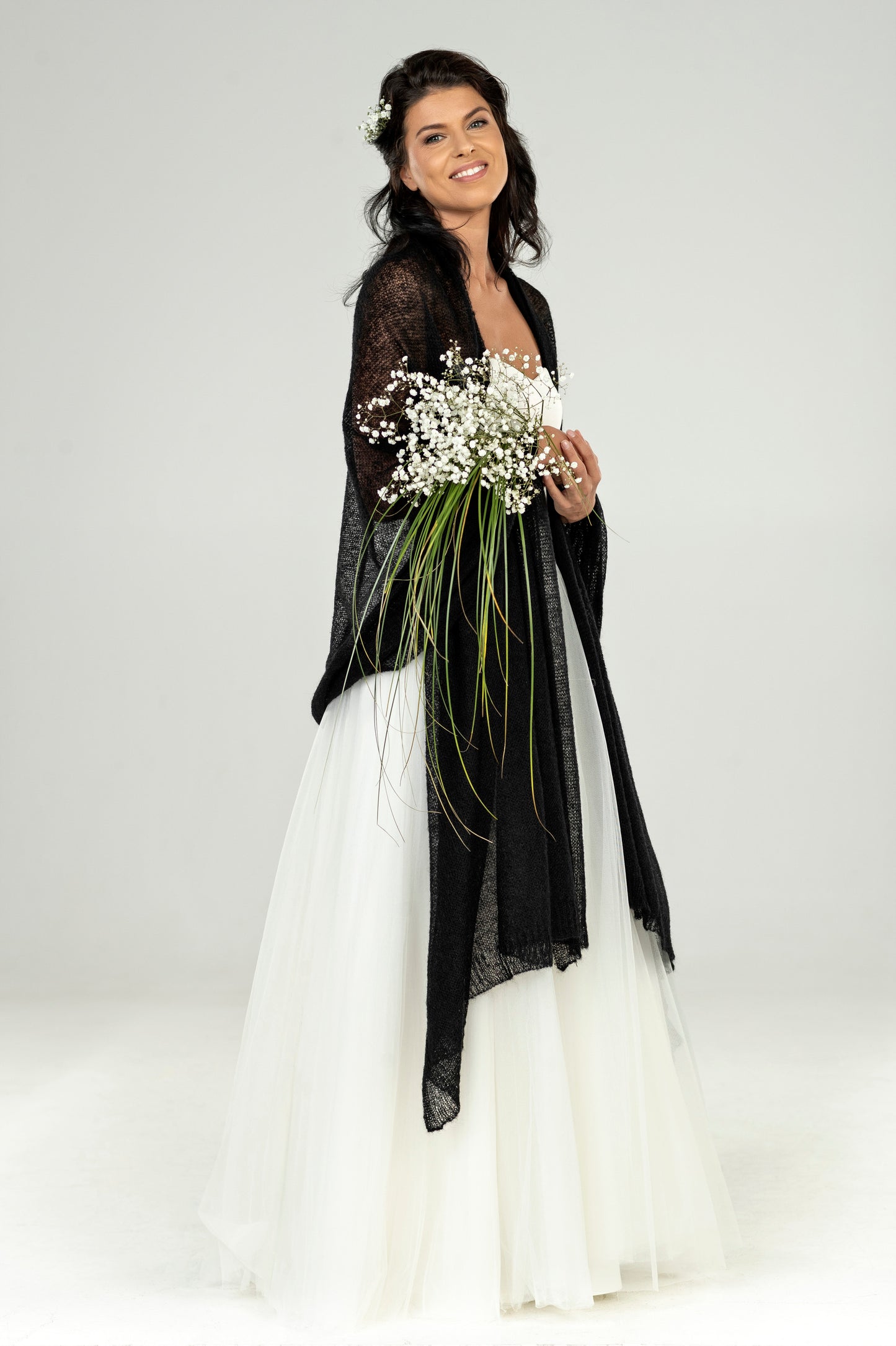 Wedding bridal cape wrap shrug shawl knit from kid mohair - black