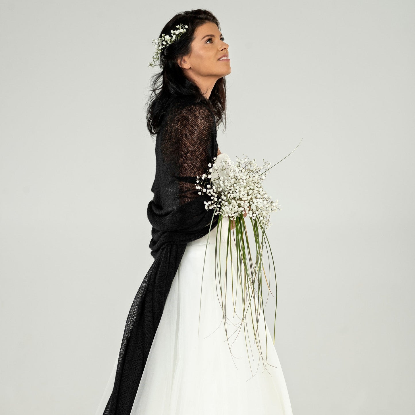 Wedding bridal cape wrap shrug shawl knit from kid mohair - black