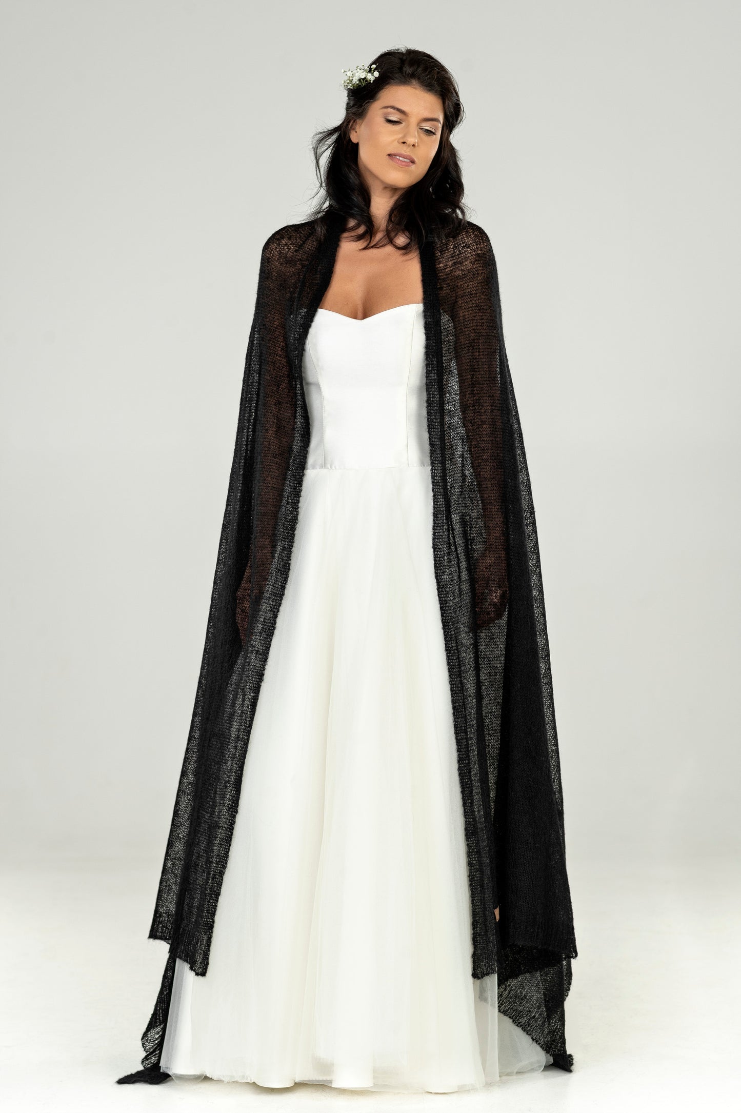 Wedding bridal cape wrap shrug shawl knit from kid mohair - black