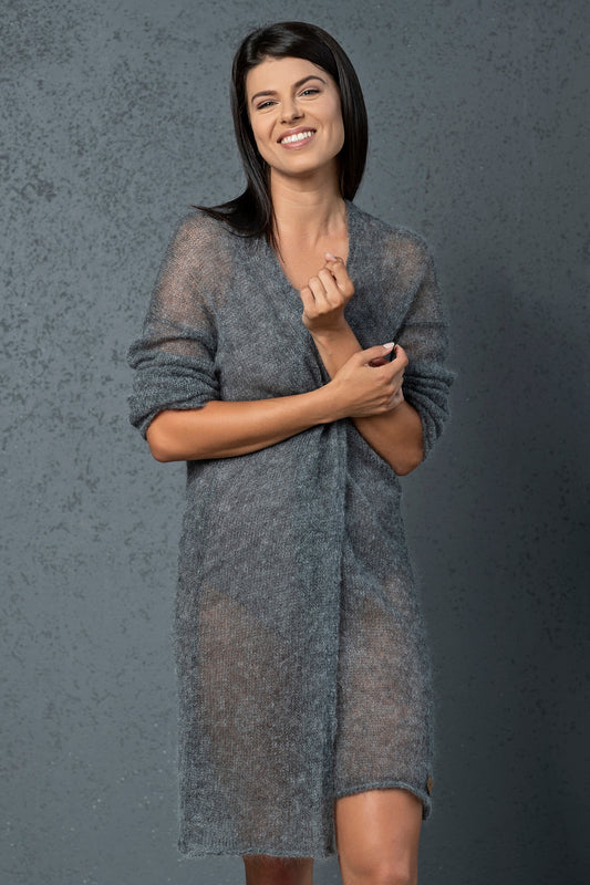 Knit lightweight mohair long cardigan Wind - darker gray