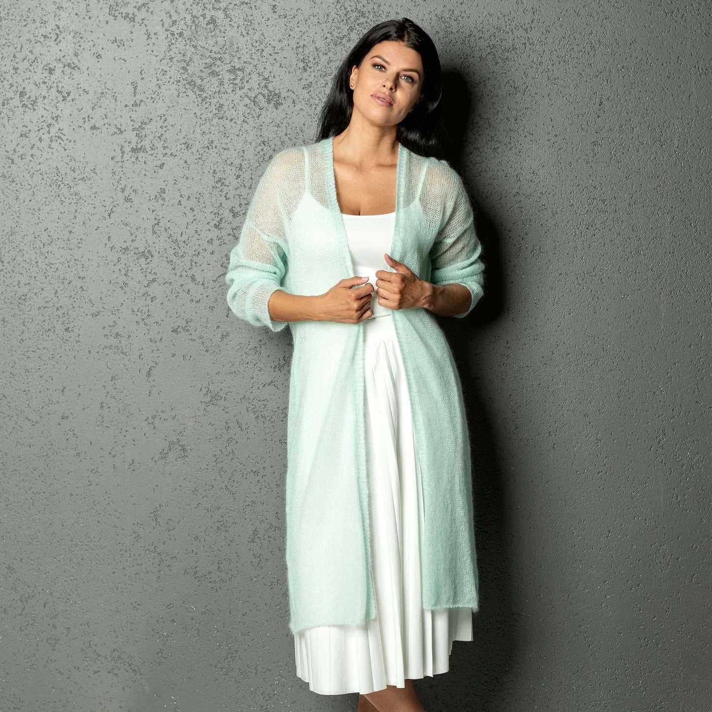 Knit lightweight mohair long cardigan Wind - mint