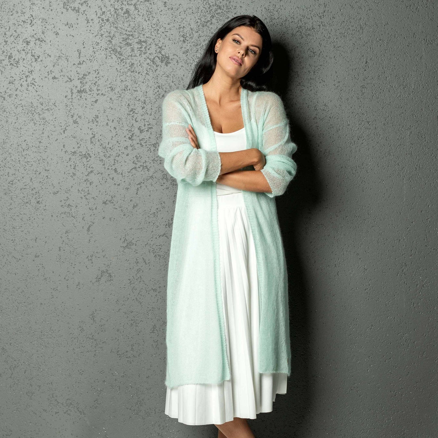 Knit lightweight mohair long cardigan Wind - mint