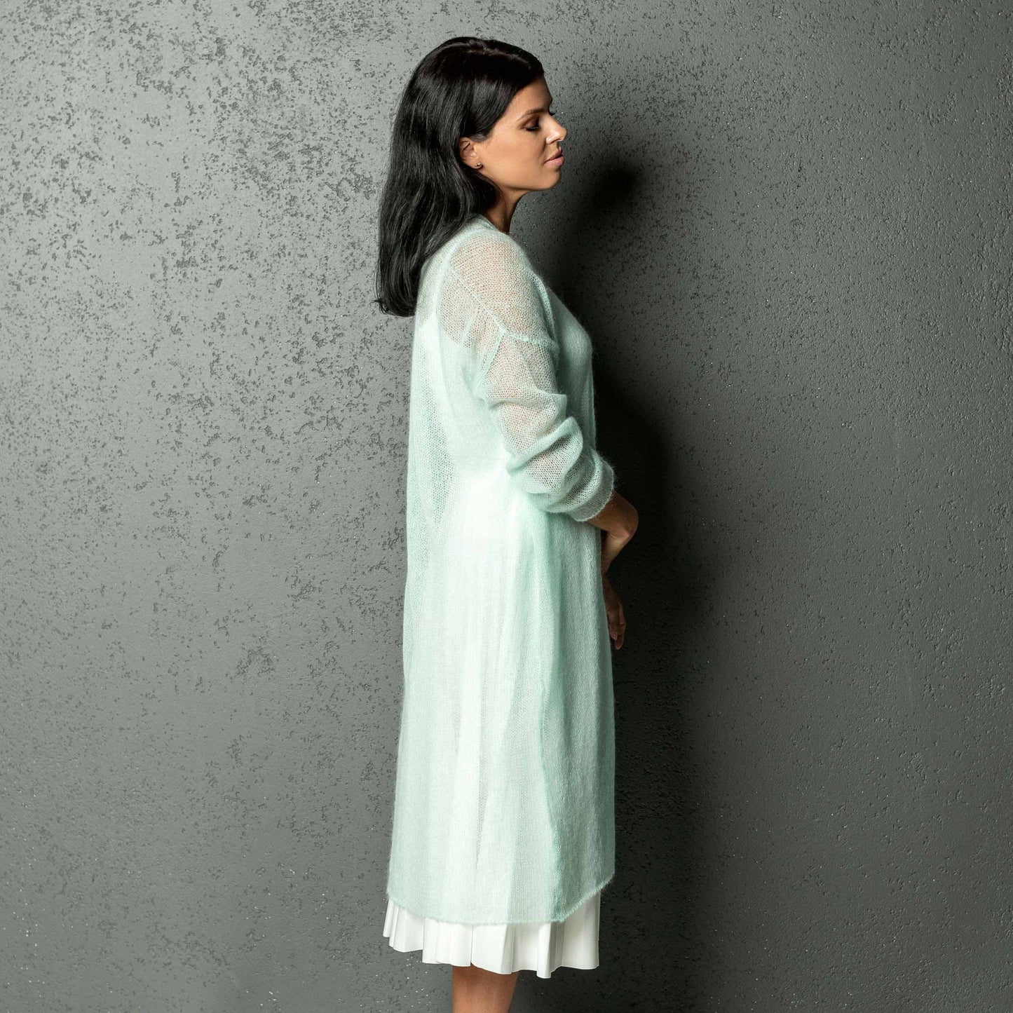 Knit lightweight mohair long cardigan Wind - mint