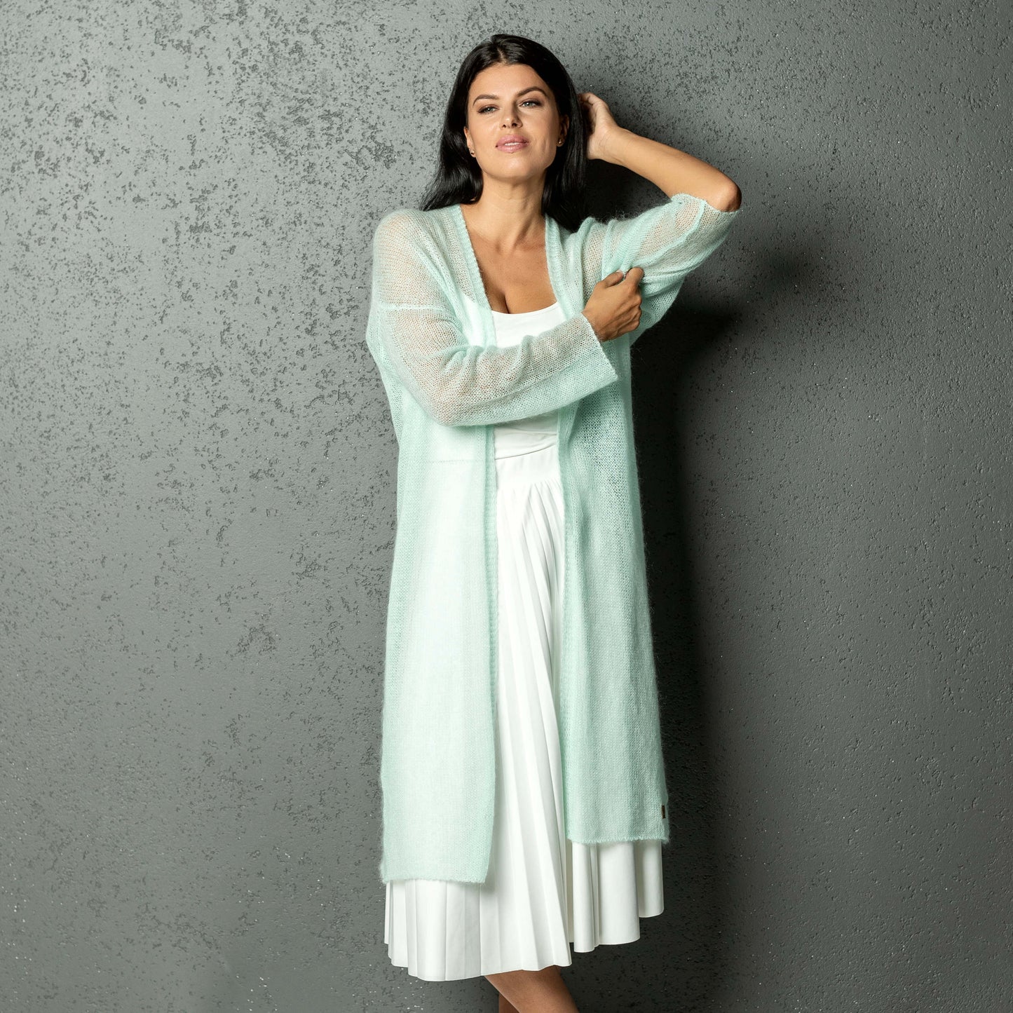 Knit lightweight mohair long cardigan Wind - mint