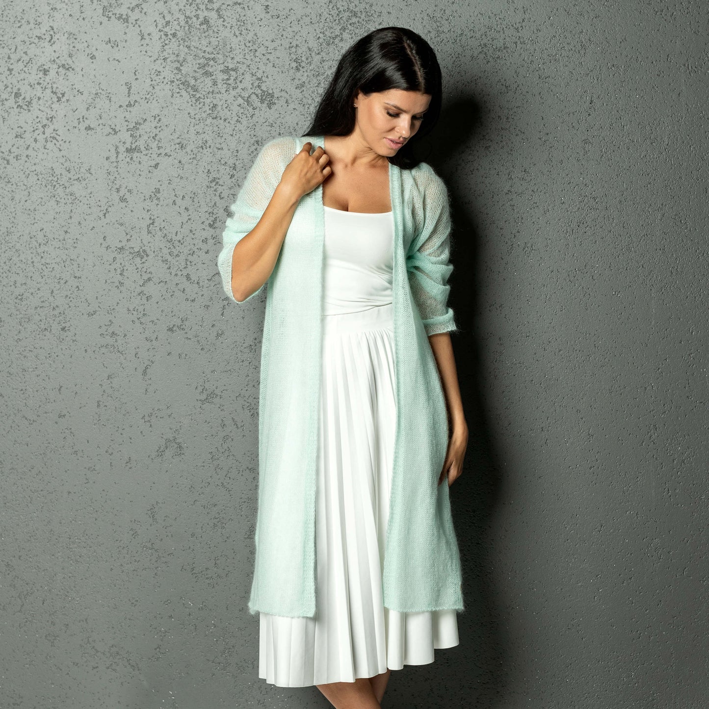Knit lightweight mohair long cardigan Wind - mint