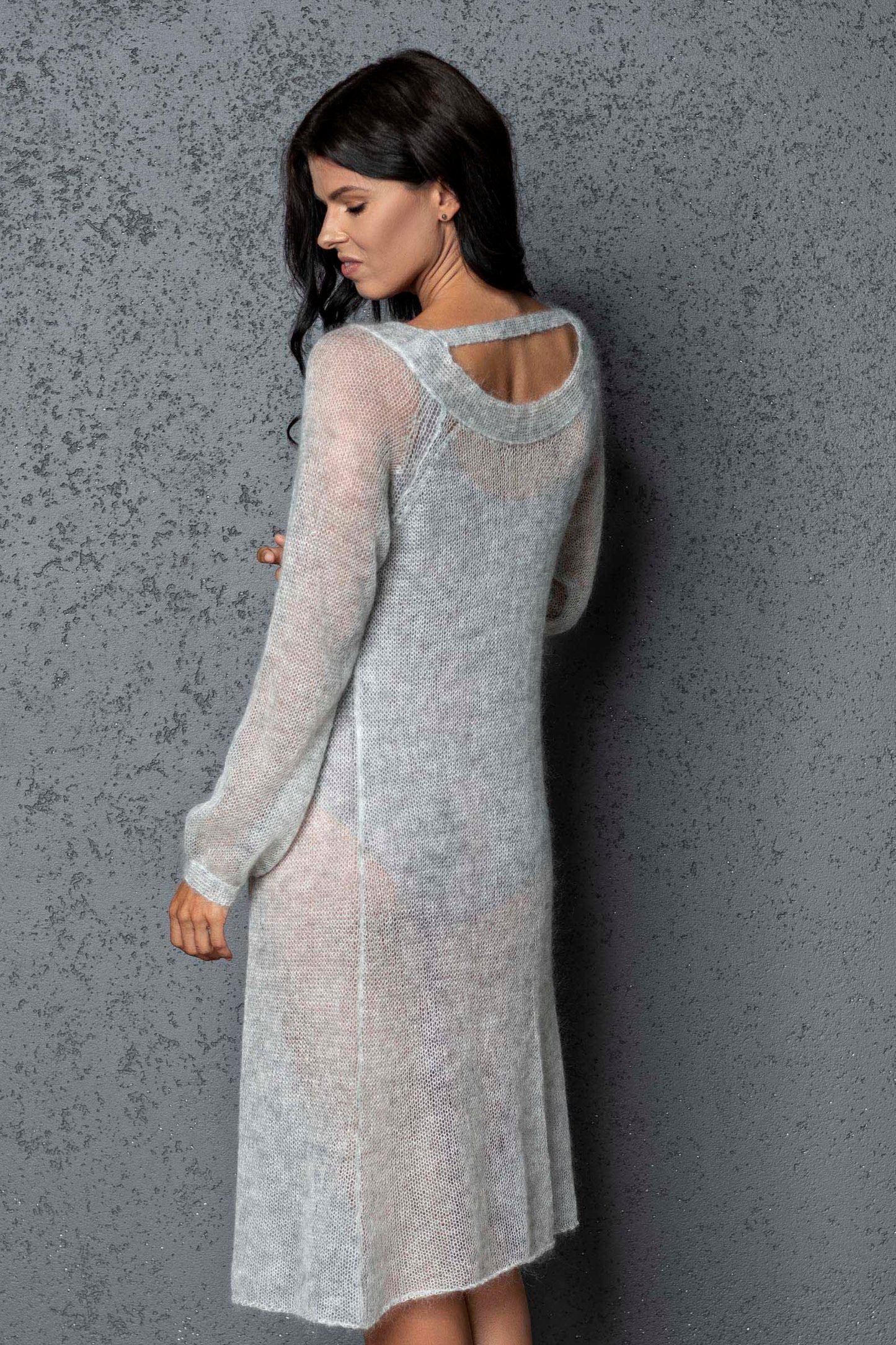 Knit lightweight mohair long cardigan ROMANCE - light gray