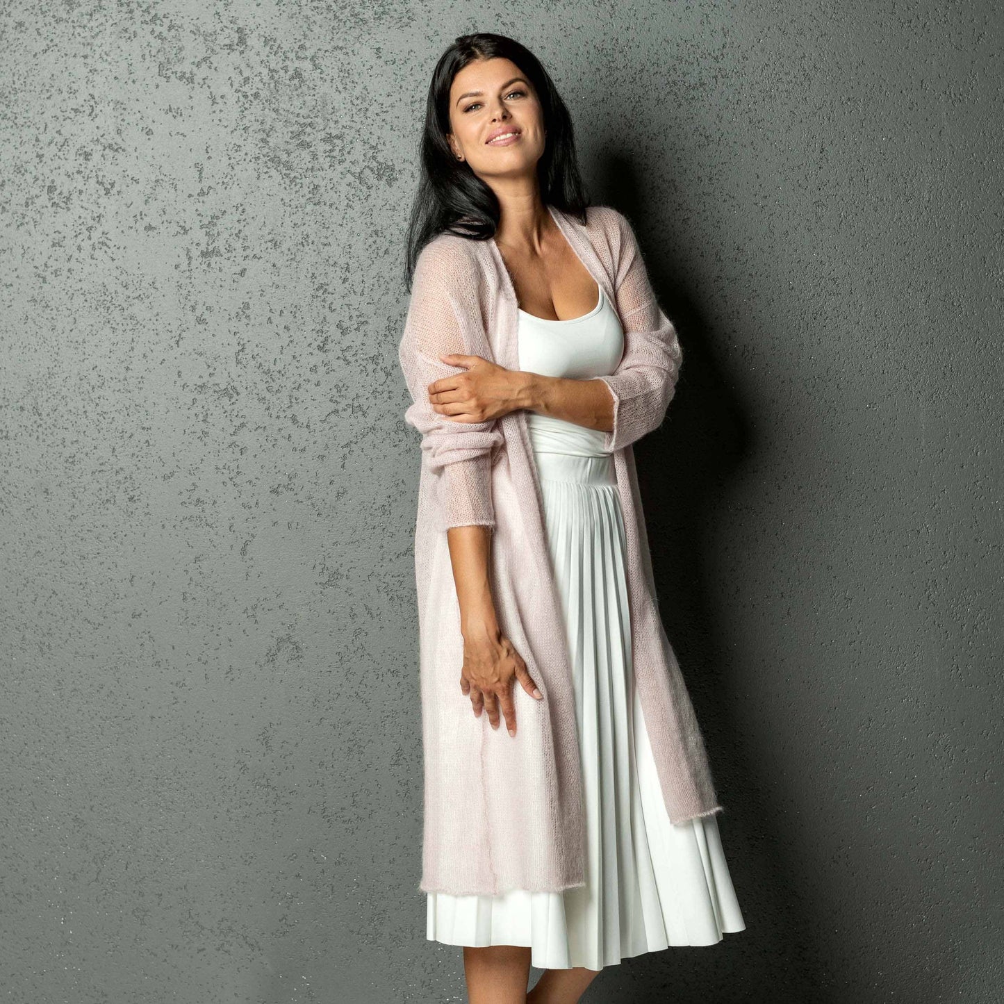 Knit lightweight mohair long cardigan Wind - dusty rose