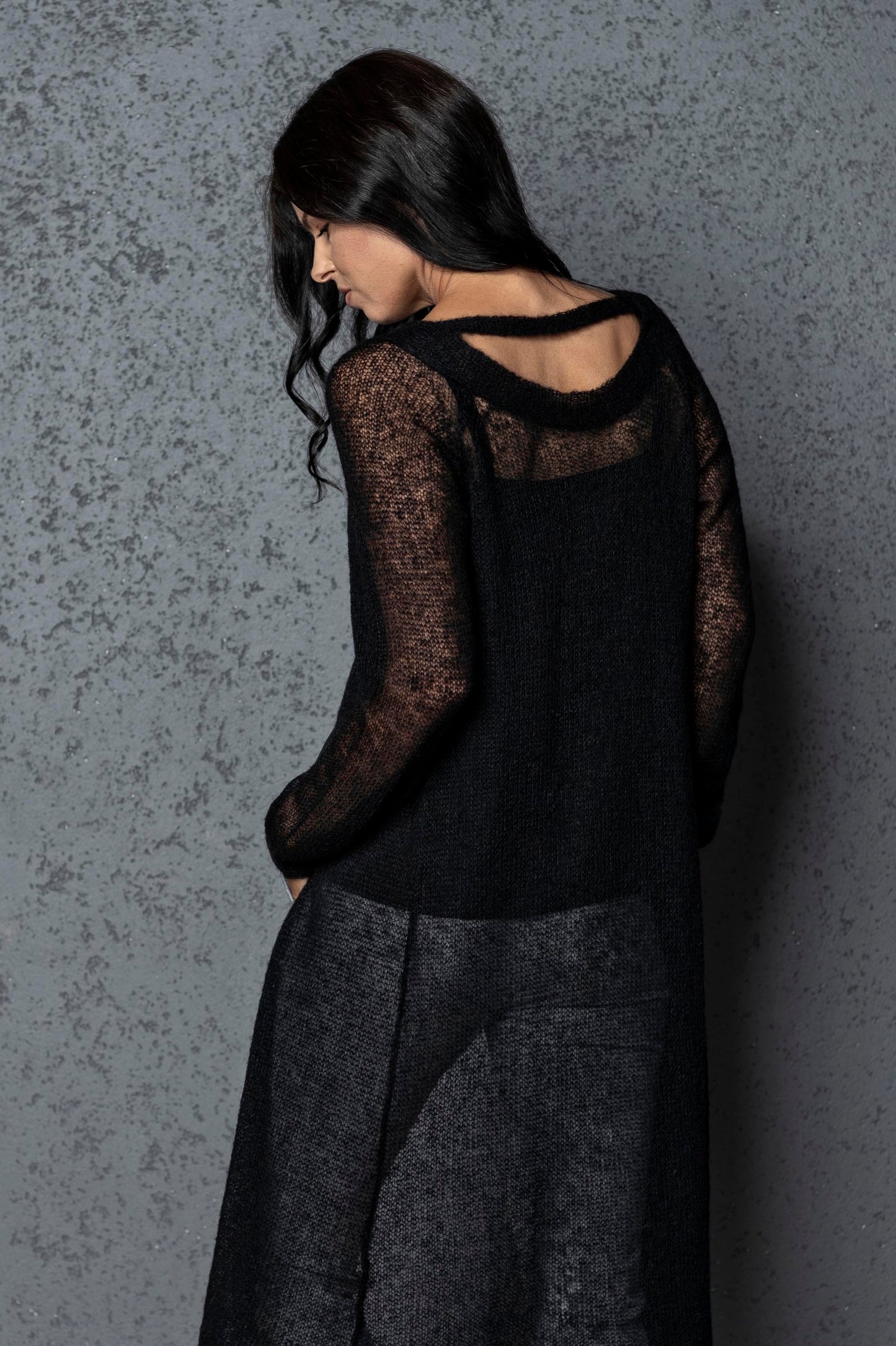 Knit lightweight mohair long cardigan ROMANCE - black
