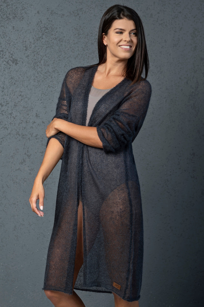 Knit lightweight mohair long cardigan Wind - dark blue