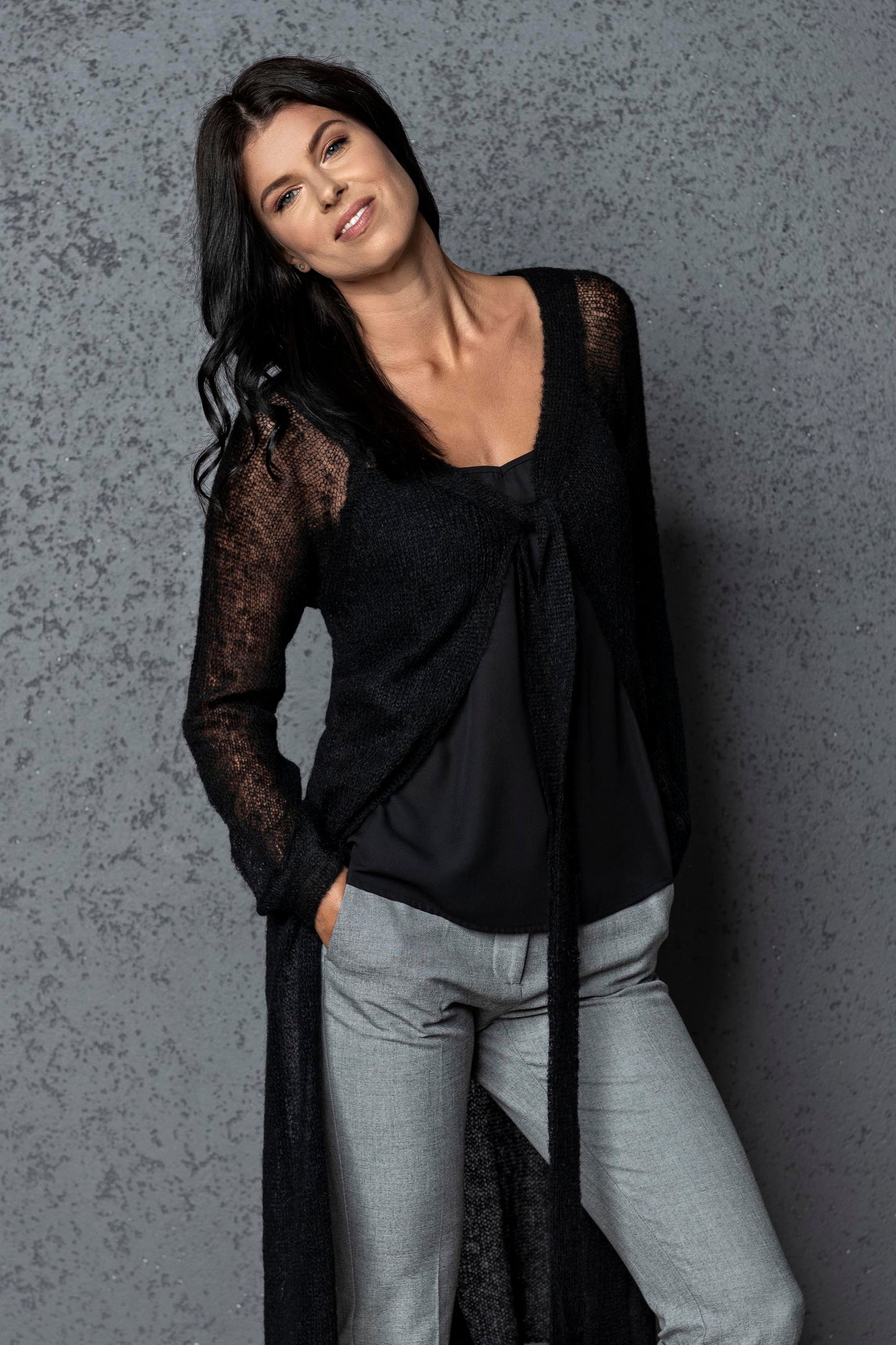 Knit lightweight mohair long cardigan ROMANCE - black