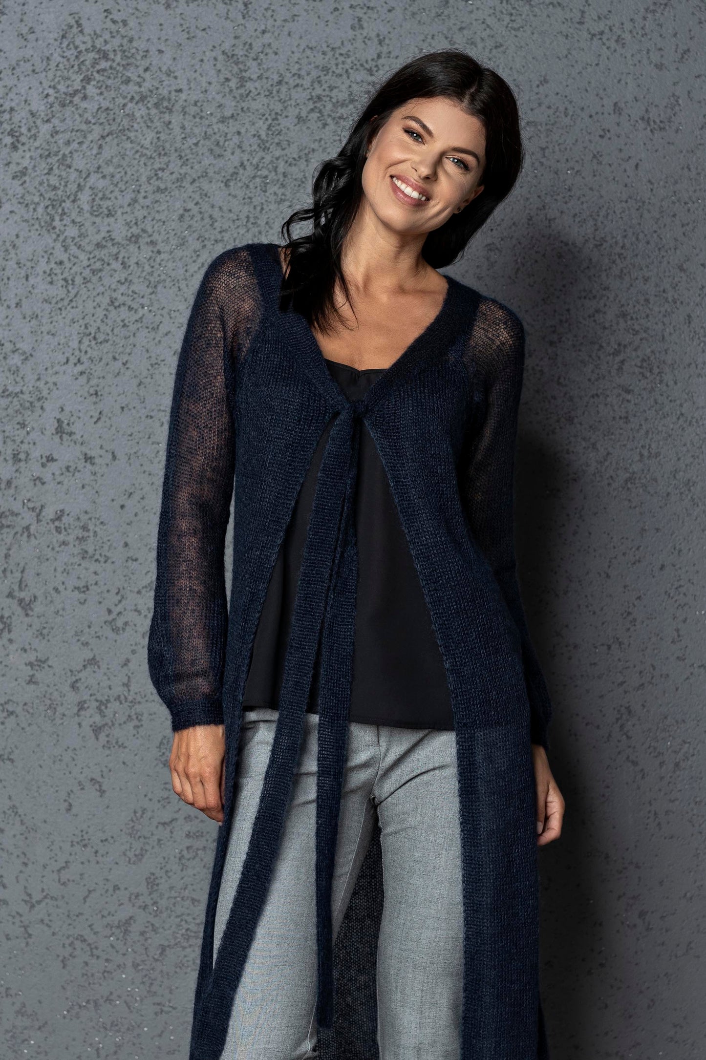 Knit lightweight mohair long cardigan ROMANCE - dark blue