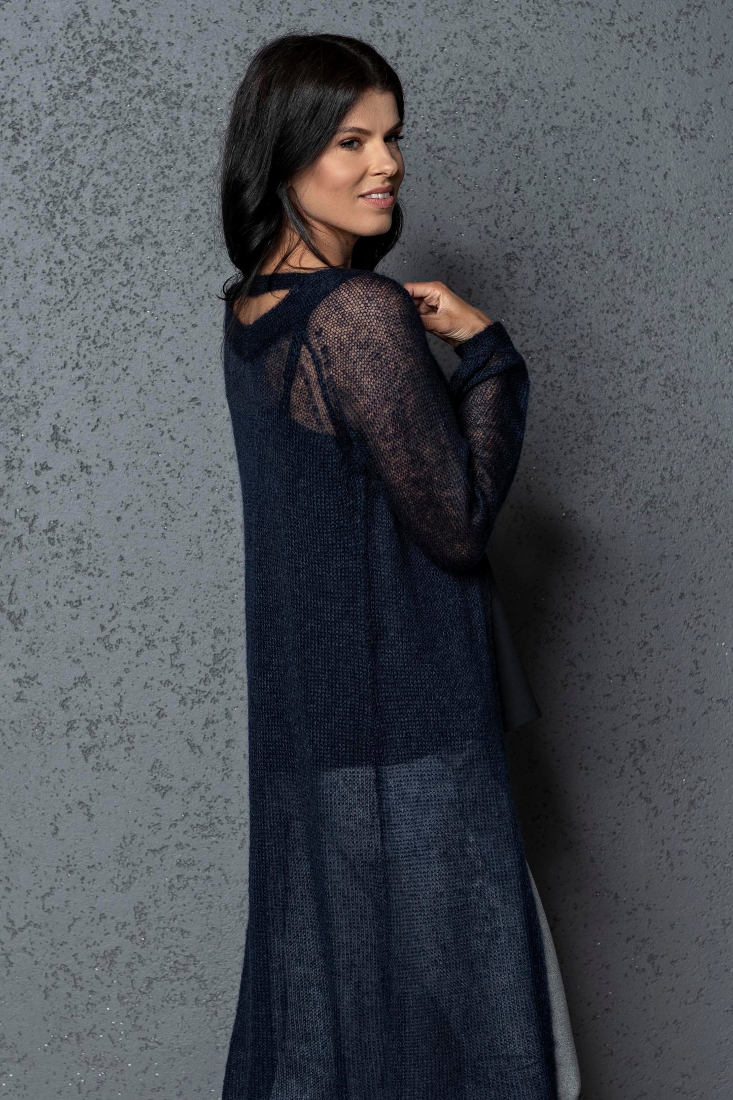 Knit lightweight mohair long cardigan ROMANCE - dark blue