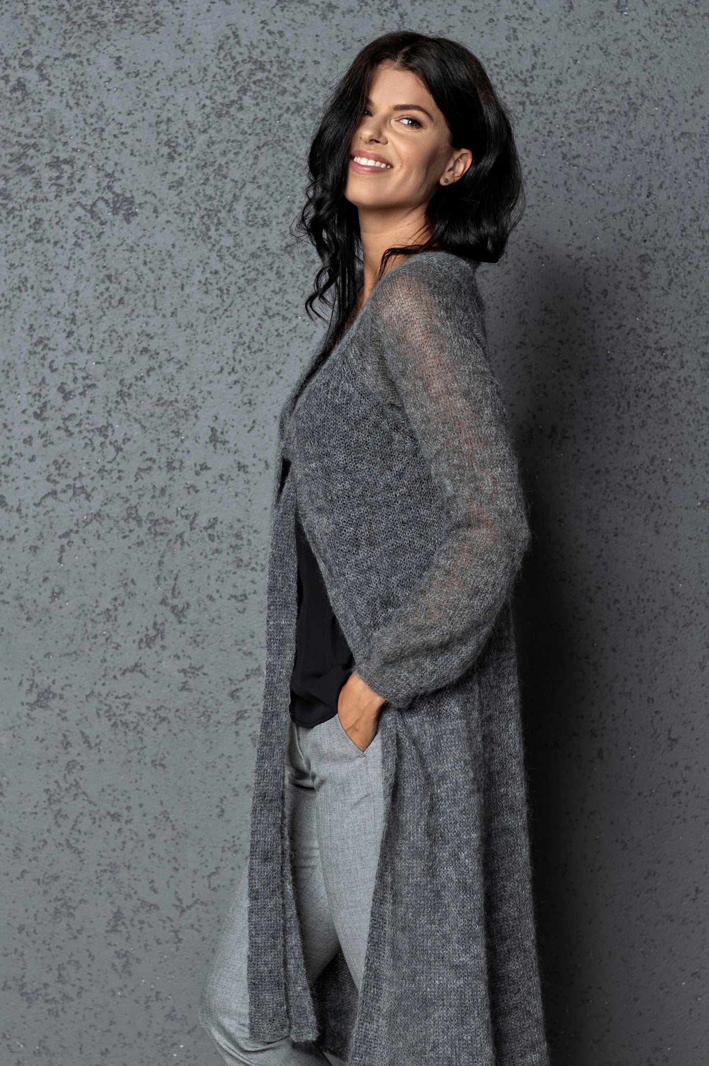 Knit lightweight mohair long cardigan ROMANCE - gray