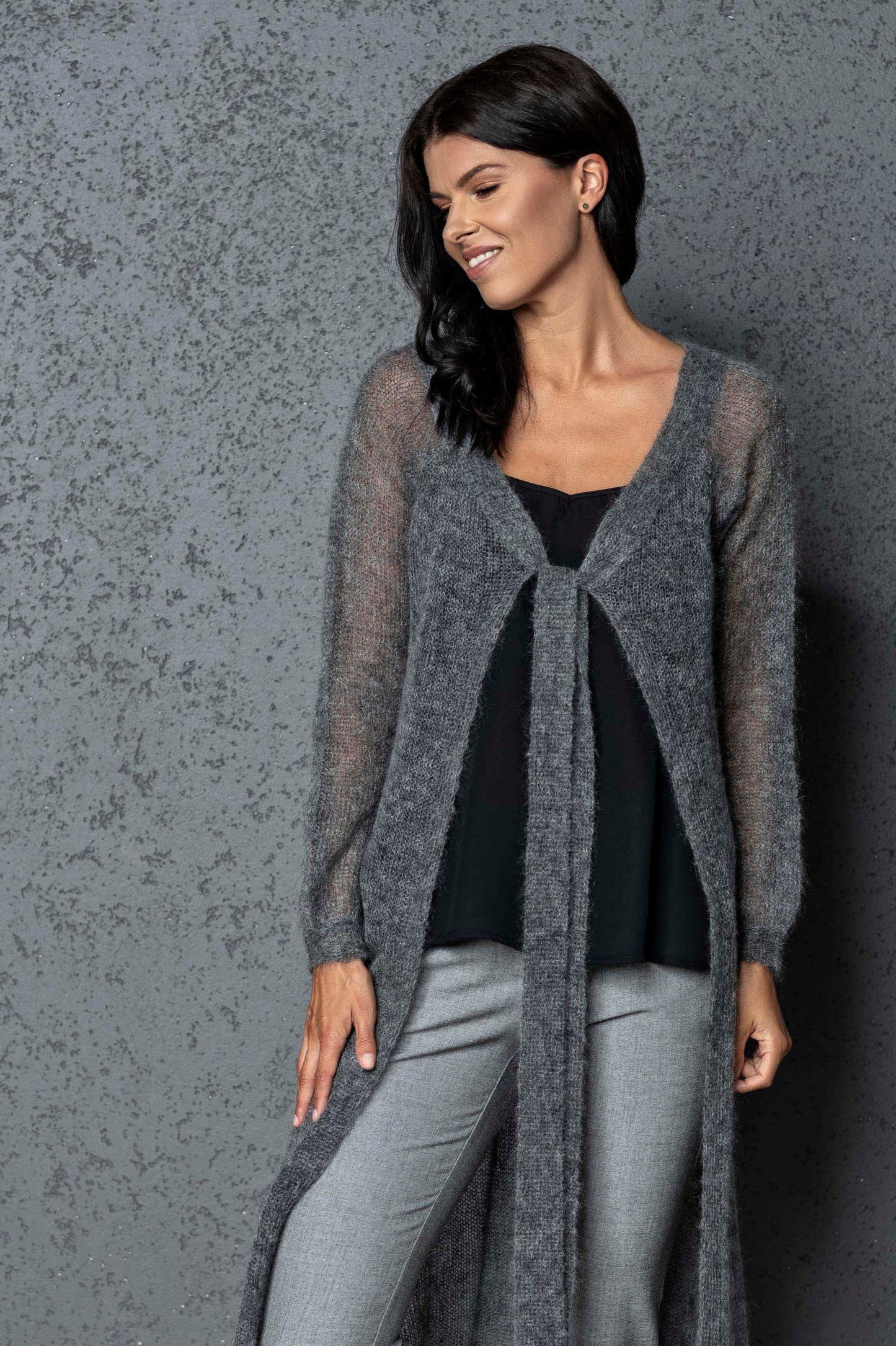 Knit lightweight mohair long cardigan ROMANCE - gray