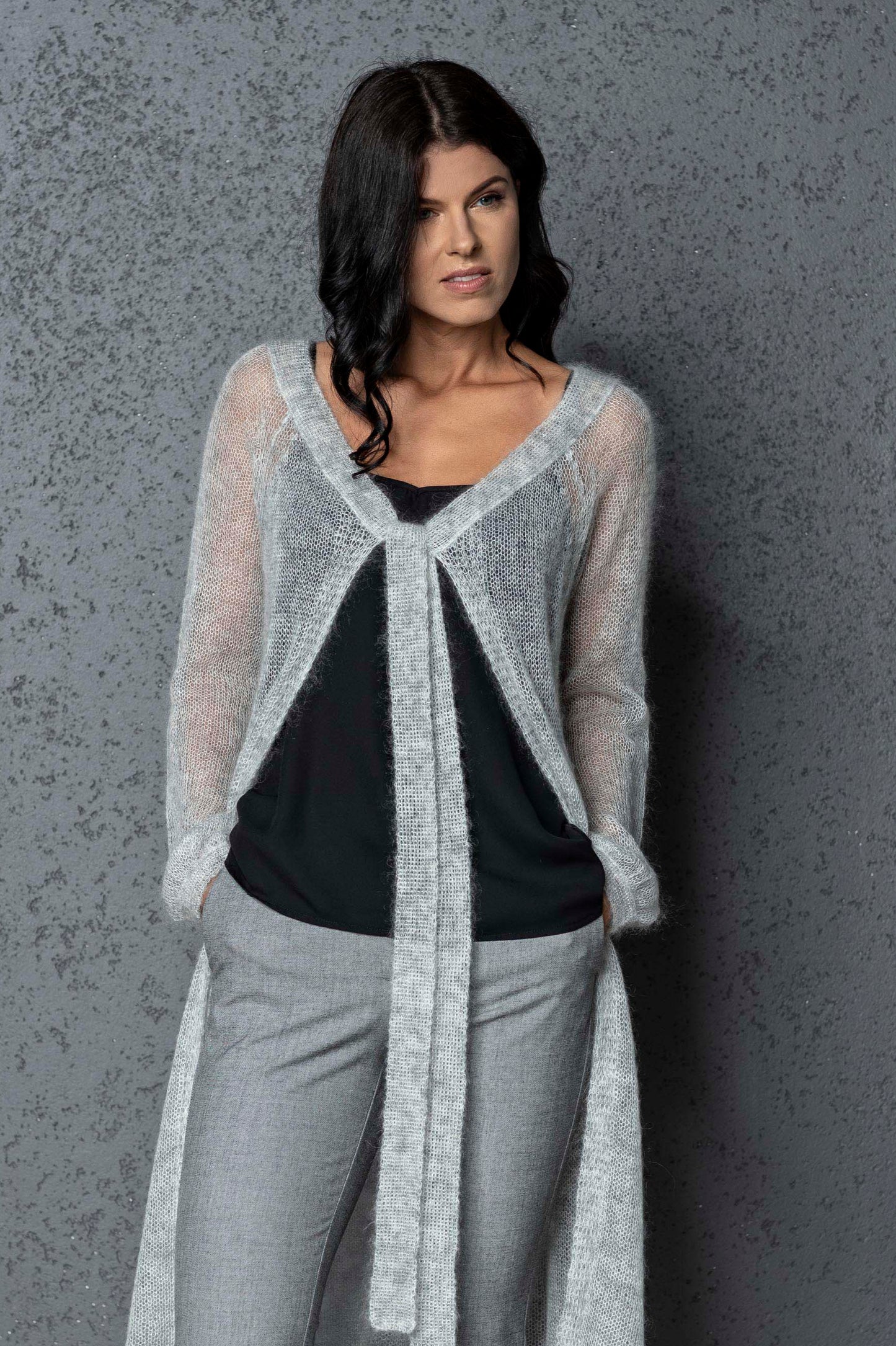 Knit lightweight mohair long cardigan ROMANCE - light gray