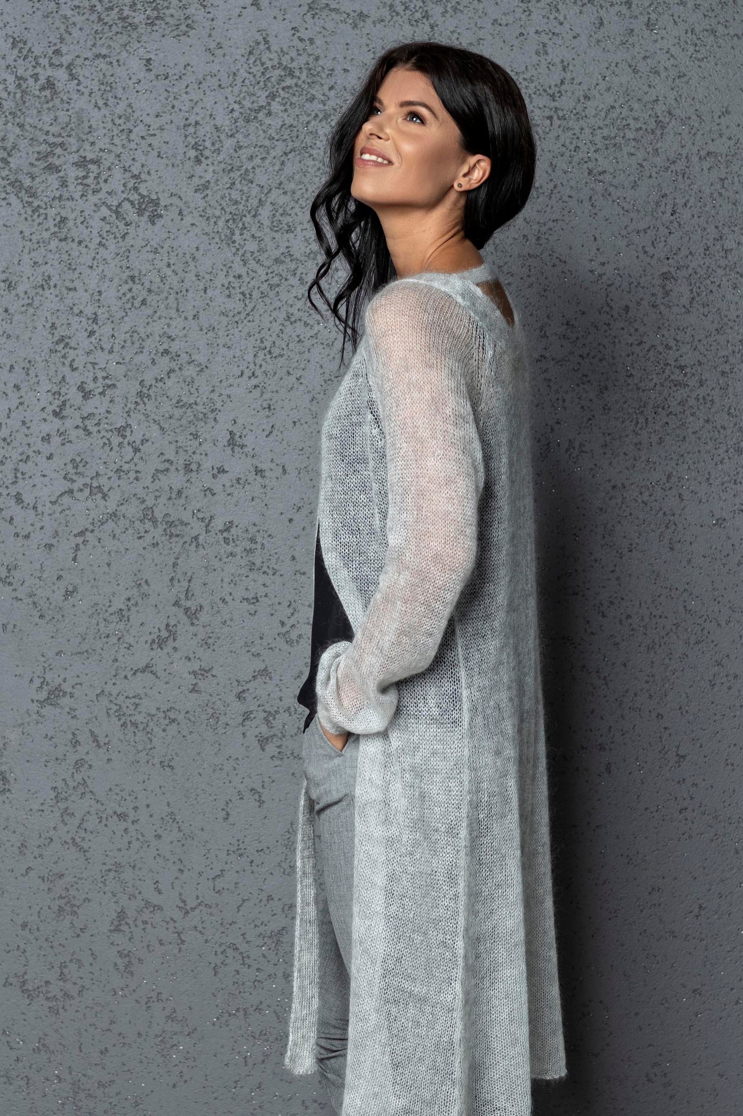Knit lightweight mohair long cardigan ROMANCE - light gray