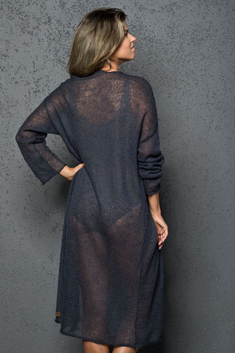 Knit lightweight mohair long cardigan Wind - dark blue