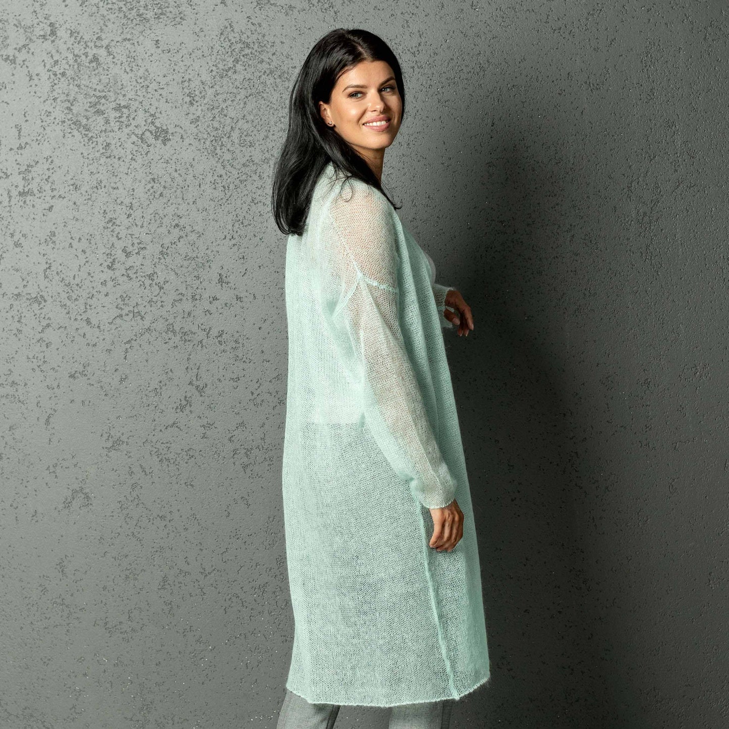 Knit lightweight mohair long cardigan Wind - mint