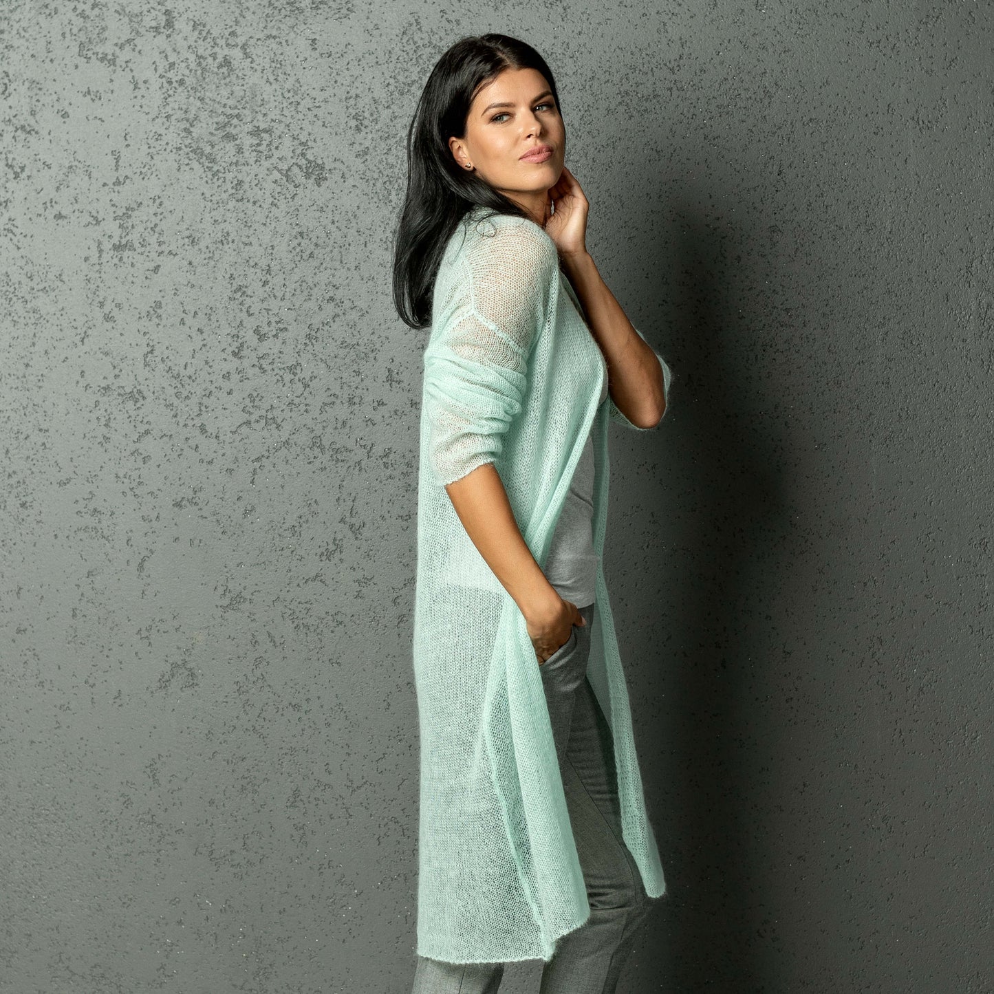 Knit lightweight mohair long cardigan Wind - mint