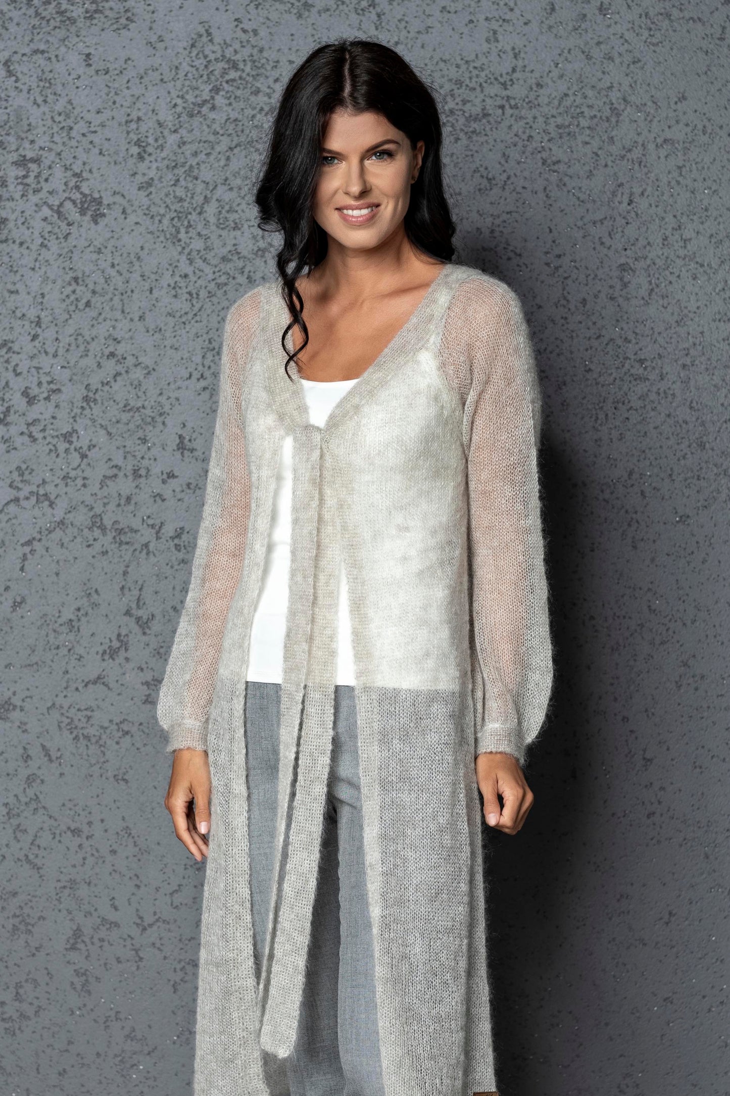 Knit lightweight mohair long cardigan ROMANCE - beige