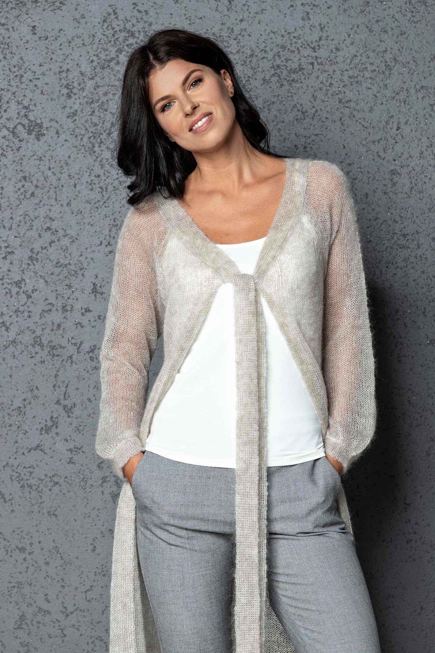 Knit lightweight mohair long cardigan ROMANCE - beige