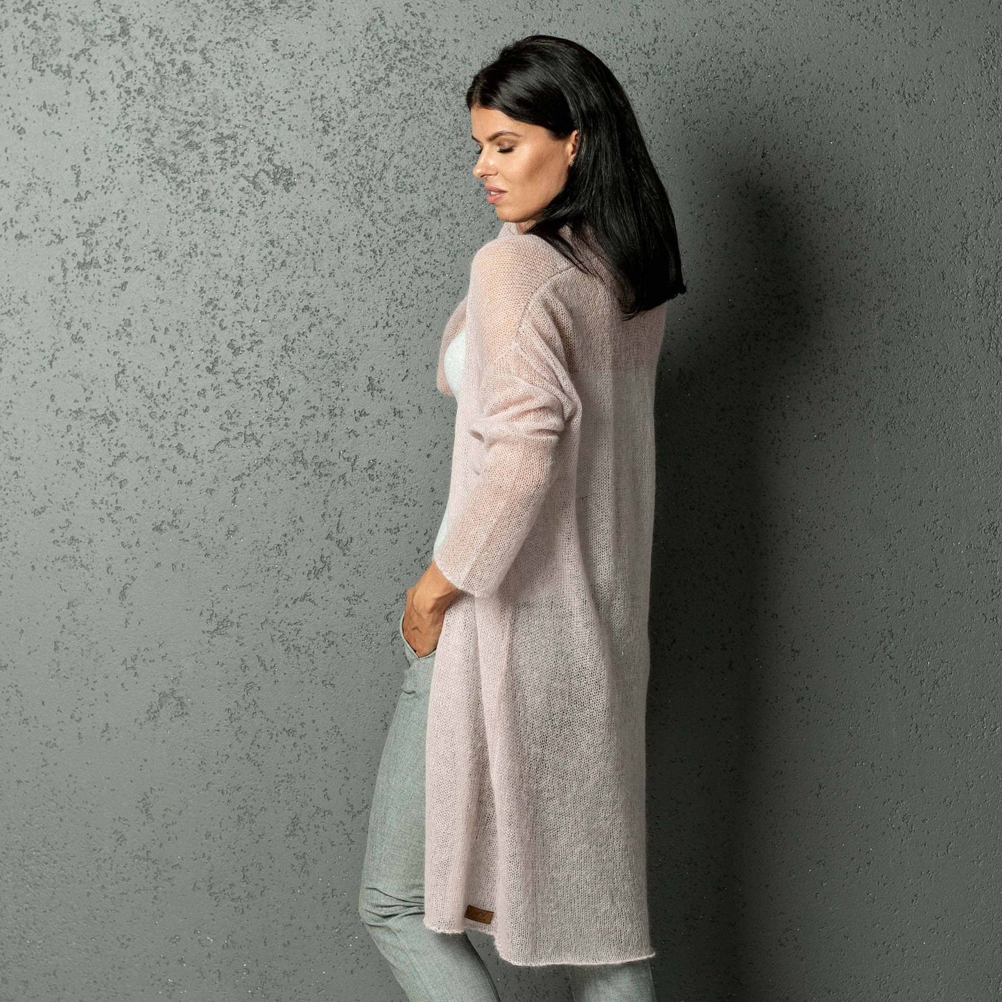 Knit lightweight mohair long cardigan Wind - dusty rose