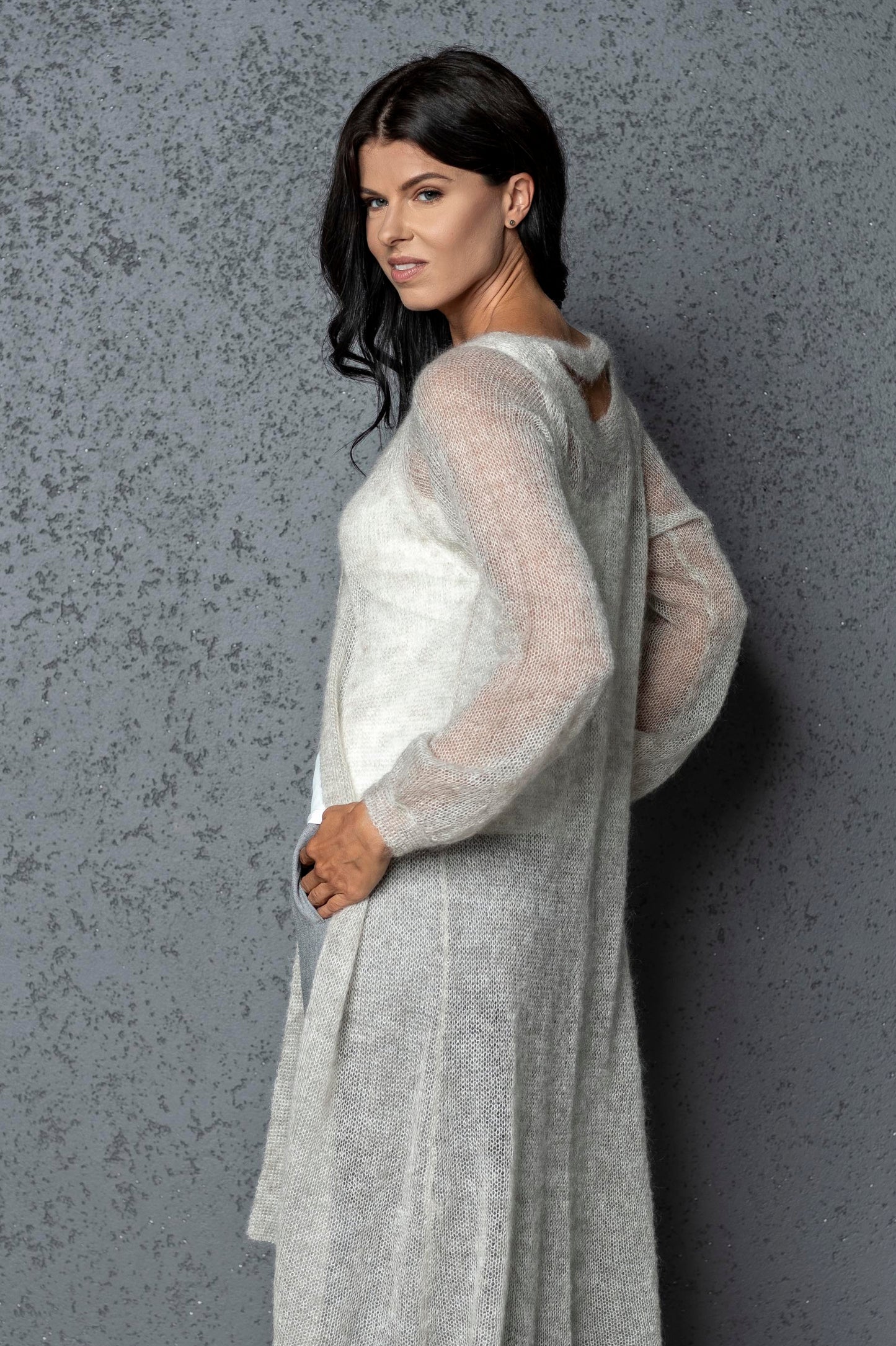 Knit lightweight mohair long cardigan ROMANCE - beige