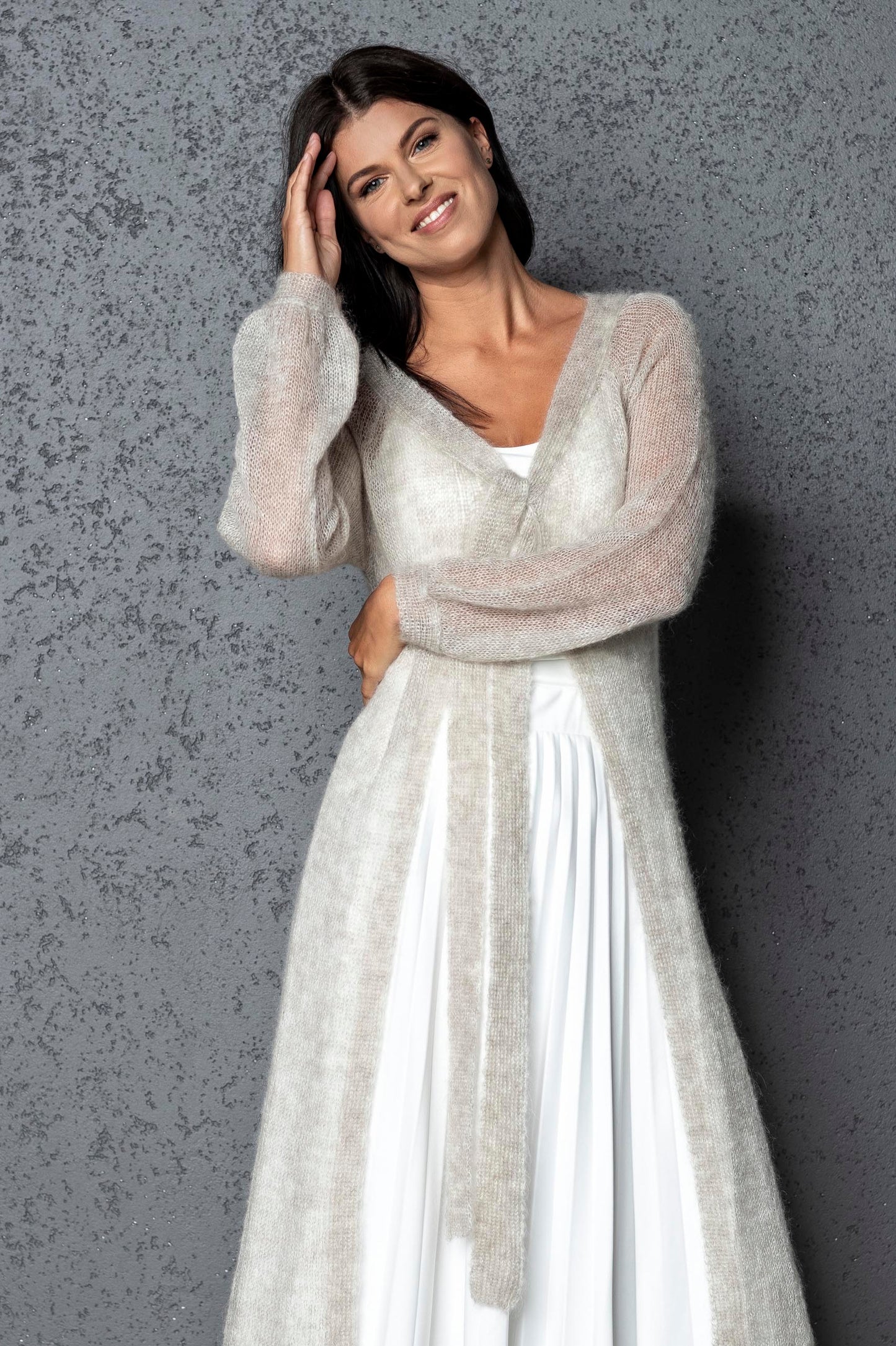 Knit lightweight mohair long cardigan ROMANCE - beige