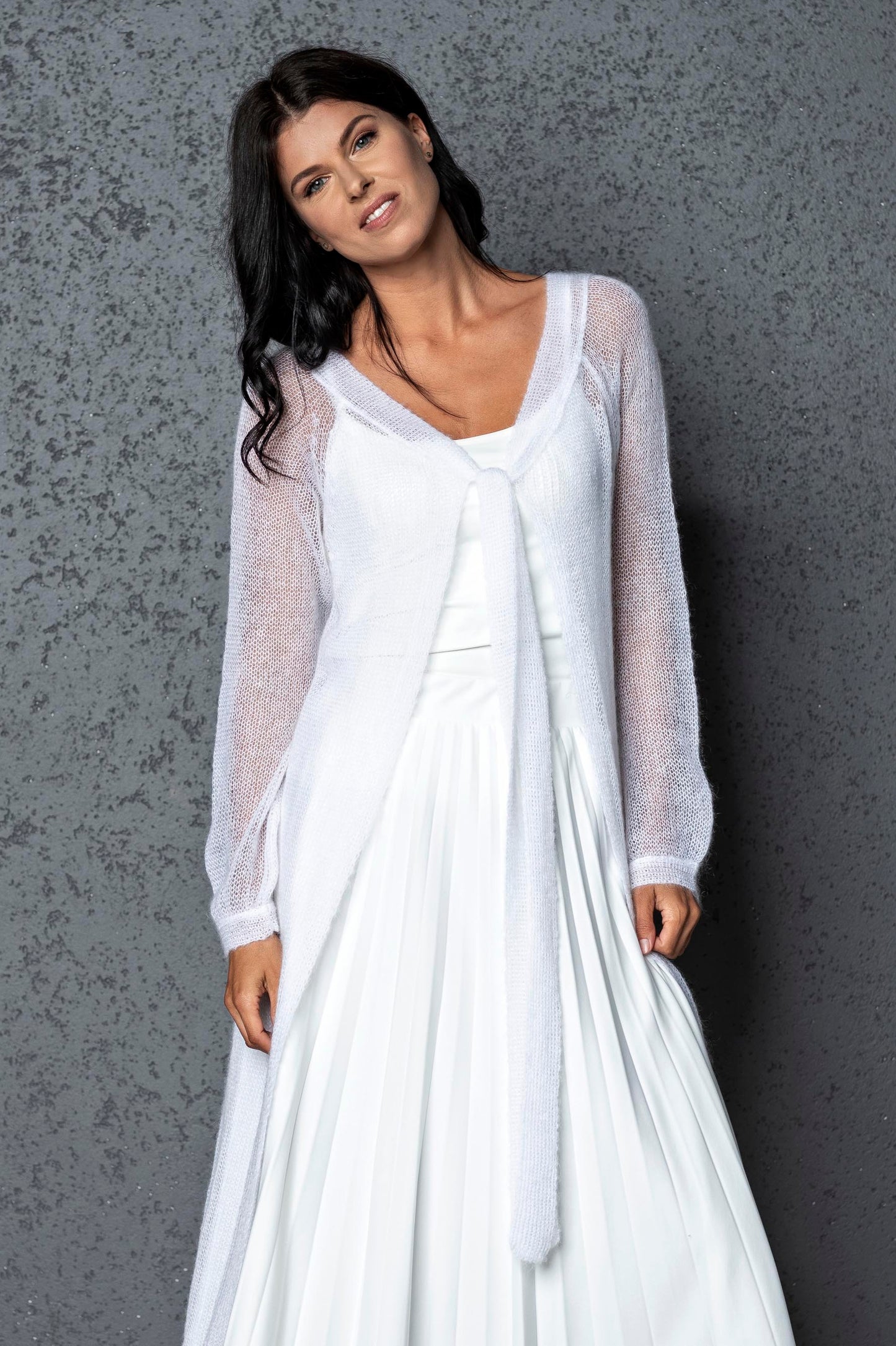 Knit lightweight mohair long cardigan ROMANCE - white