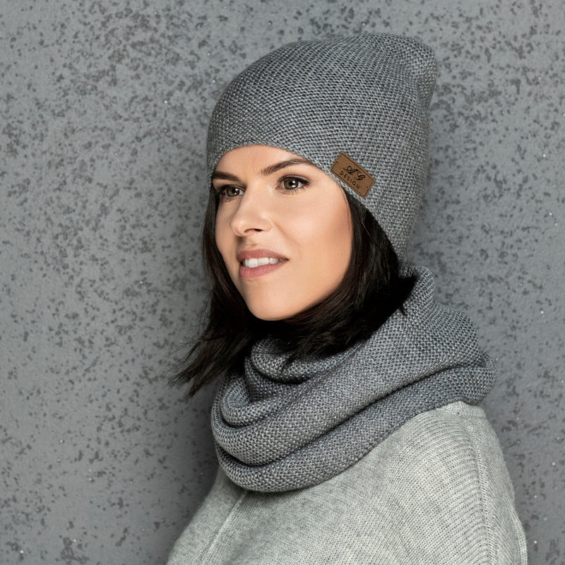 Knit minimalist soft alpaca merino wool infinity Scarf and hat - gray