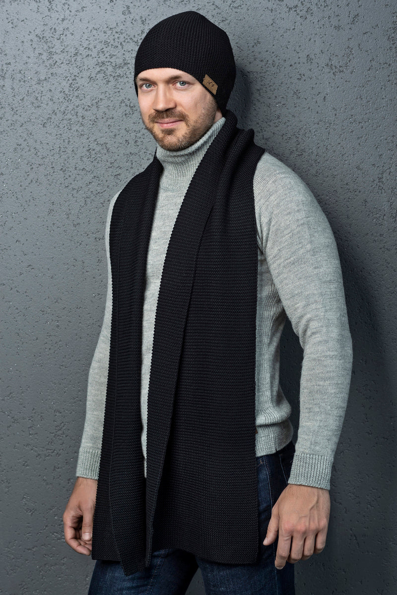 Man merino wool knit scarf and cap - black