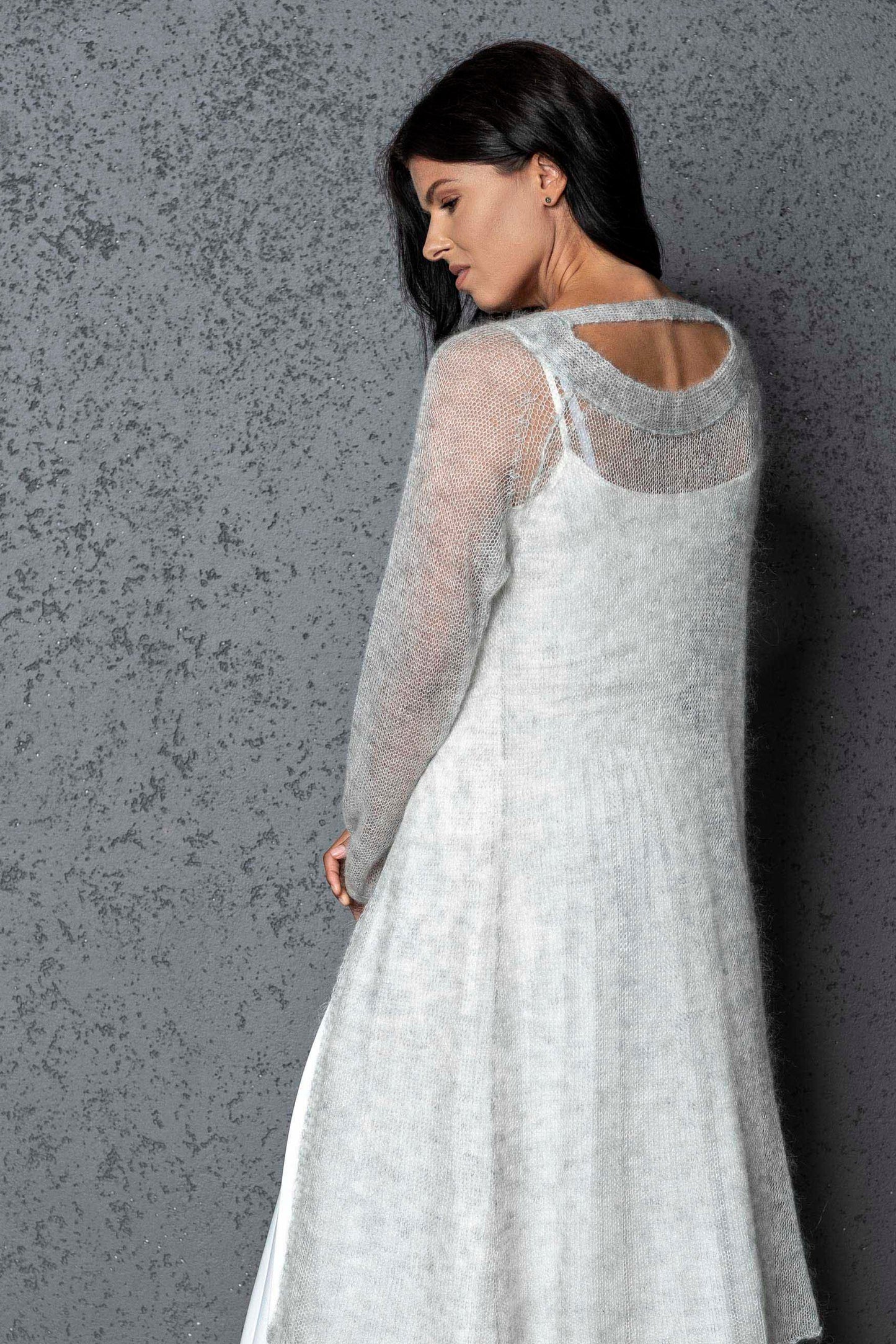 Knit lightweight mohair long cardigan ROMANCE - light gray